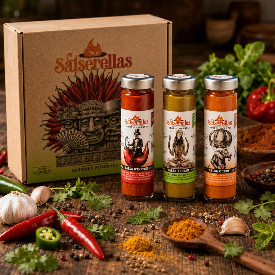 Pack 3 Salsas Picantes Gourmet Salserellas (Afgana, Winston y Curry) | Variedad de Sabores con Jalapeño | Ingredientes Naturales con Aceite de Oliva | Ideal para Carnes, Tacos, BBQ y Regalo Foodie