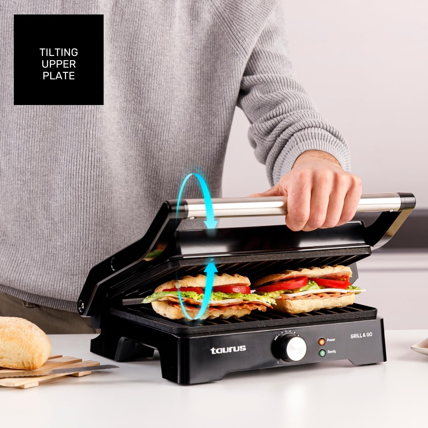 Taurus - Gril Électrique Grill&Co GR1500X | 1500W | Plaques Antiadhésives 27,5 x 17,3 cm | Couvercle Flottant 180º | Thermostat Réglable | Base Antidérapante | Bac à Graisse Amovible