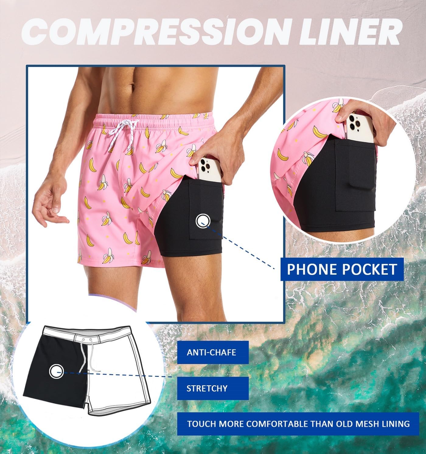 Aueyan Mens Swim Trunks 5.5 inch with Compression Liner Zipper Pockets,Quick Dry Swimsuit Trunks Funny Beach Board Shorts - Image 4