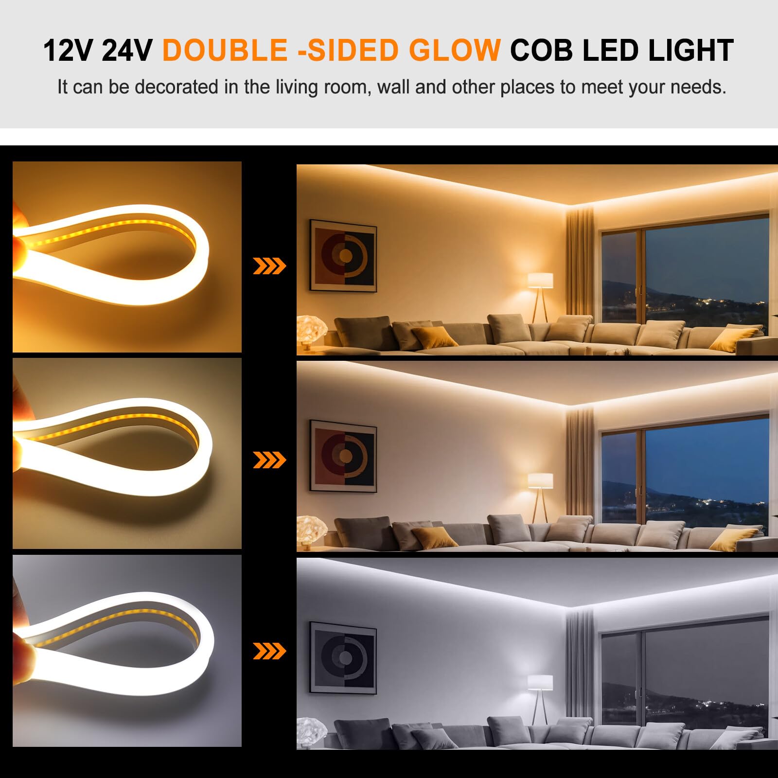 24V Tira LED de neón COB[15m, Blanco cálido 3000-3500K],flexible e impermeable IP65,320 LEDs/m cortable iluminación de doble cara FCOB CRI85+,decoración e iluminación para hogar/tienda