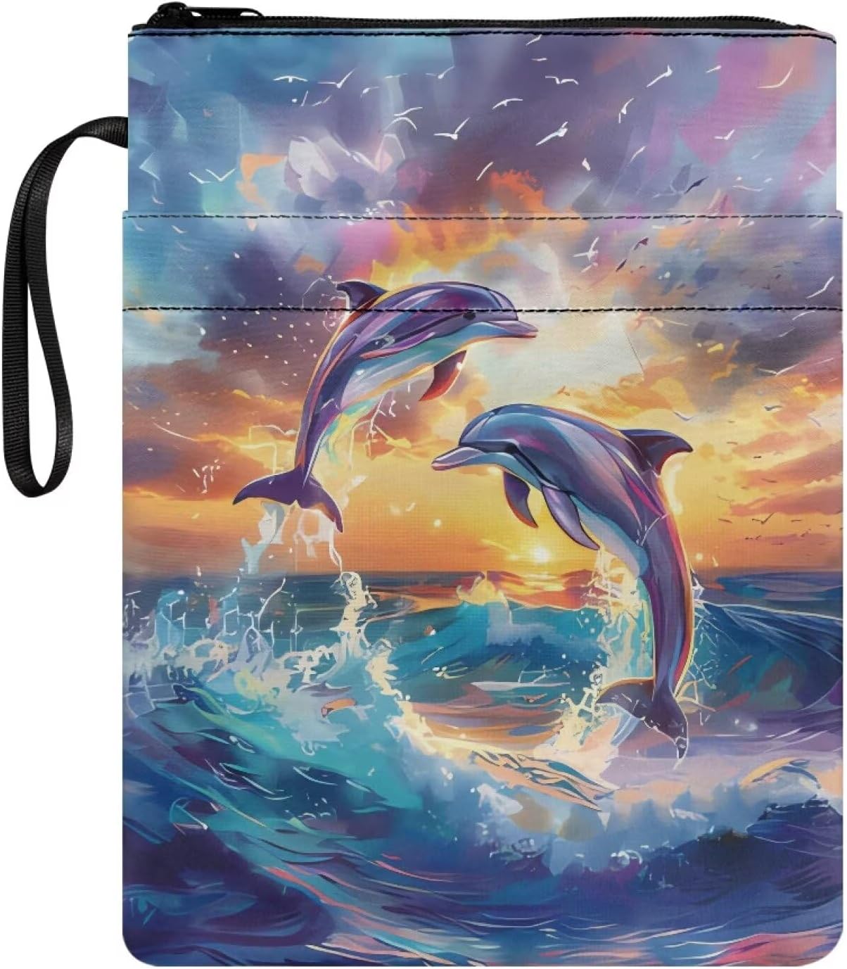 Suobstales Dolphin Sunset Print Book Cover for Book Lovers Medium 11.4 x 8.7 Inch Book Sleeve Hardcover Paperback Pouch Protector Zipper Storage Bag for School Classroom Library Readers