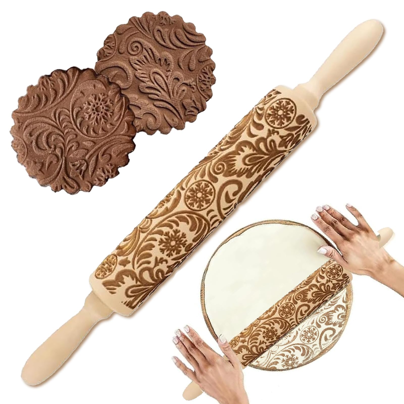 Mattarello in rilievo rilievo rullo perni incisi fiocchi di neve fiori modello per panettieri, pasticceria, torte, biscotti, fondente, pasticceria, biscotti (fiocchi di neve e fiori di Natale