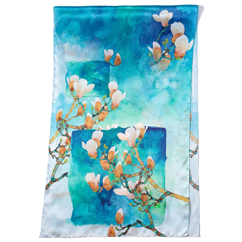STORY OF SHANGHAI Sciarpa di 100% Seta Charmeuse da Donna Foulard a Raso con Fantasie Orientale, 56x177cm