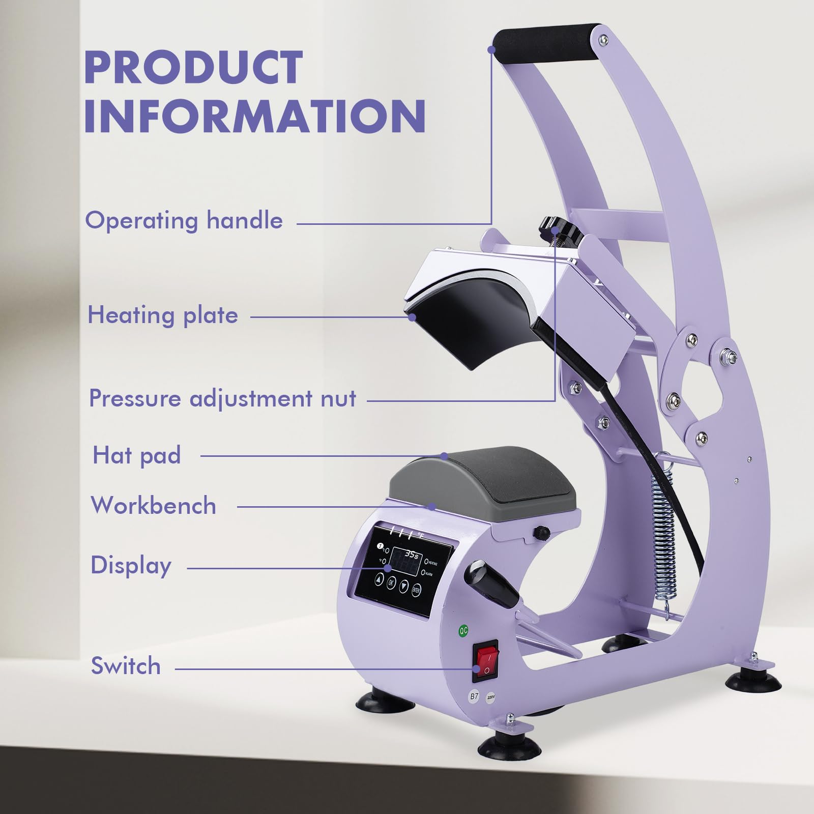 Prensa de Calor para Sombreros, 9,5 x 15 cm Máquina de Prensa de Calor, Rotación de 360 °, Anti-Adhesiva Prensa de Impresión para Sombreros Prensa Automática para Nailon, Lino, Hilo