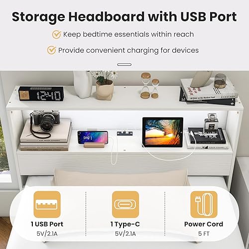 Miniatura 5 de Giantex Base de cama individual con cabecera de almacenamiento, plataforma de madera con estación de carga y luz LED, cama individual con soporte de