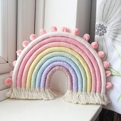 Miniatura 6 de Decoración grande de macramé para colgar en la pared, guirnalda de pompones hecha a mano, decoración de arco iris para habitación de niños, niñas,