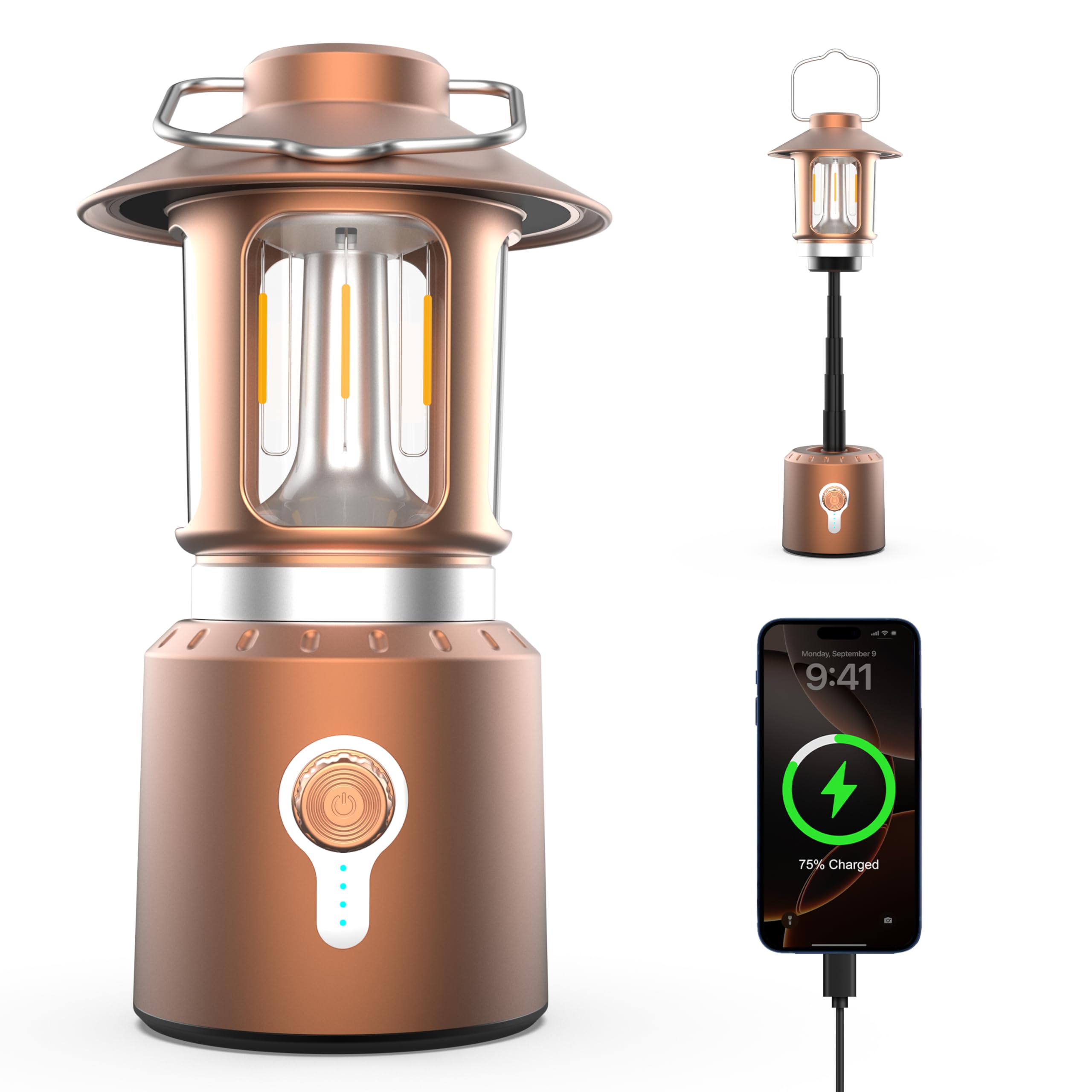 Telescopic Camping Lantern, 8000mAh Camping Lights Rechargeable with 3 Light Modes, Waterproof & Impact-Resistant Tent Lights, LED Lantern for Power Outages, Emergency, Hiking, Hurricane(Copper)