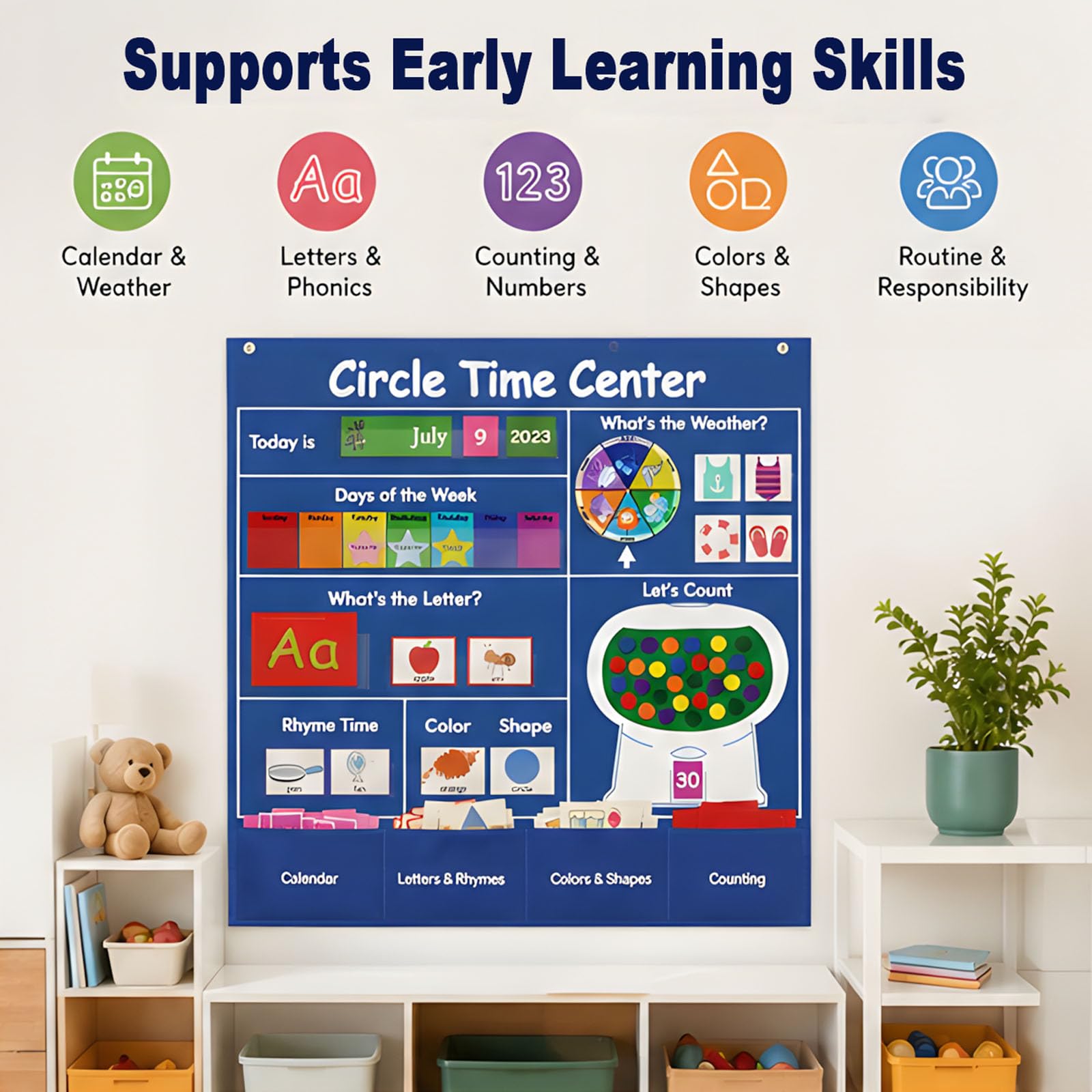 Tabellone interattivo tascabile per lezioni quotidiane, calendario in classe, forma e conteggio delle lettere, set da parete per casa, studio, apprendimento quotidiano, tabella tascabile centro di