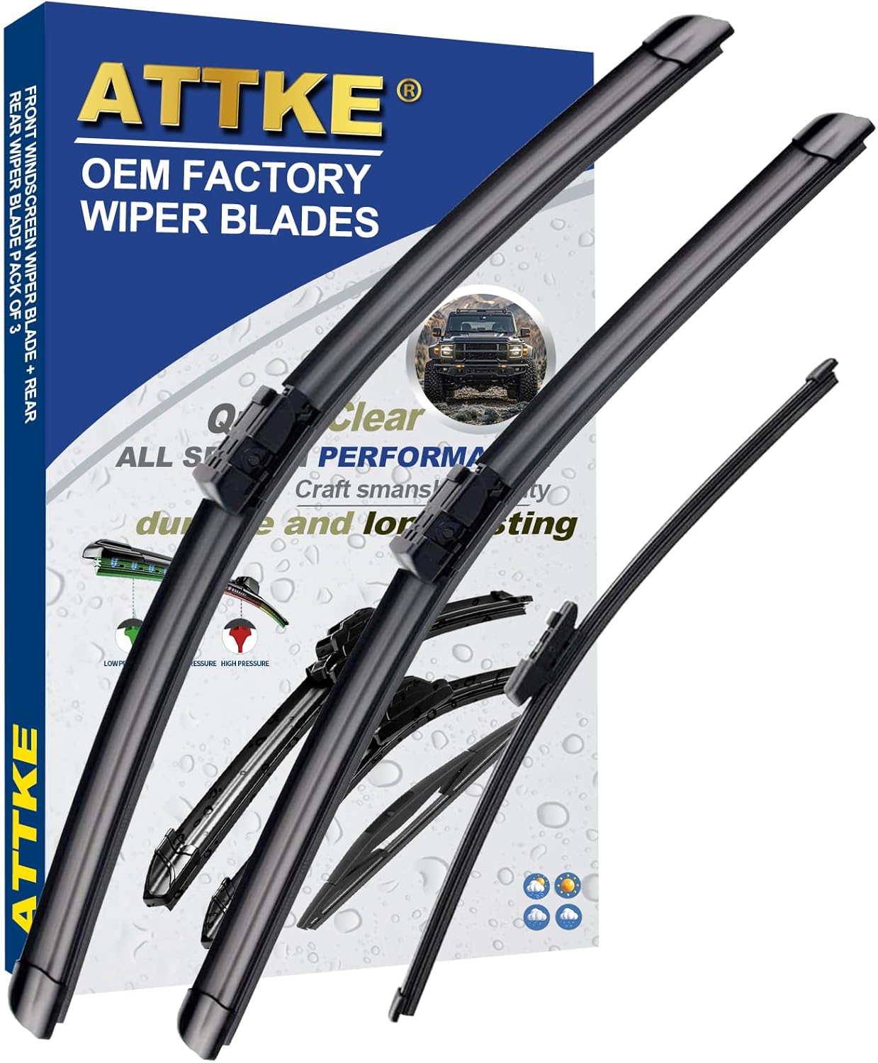 ATTKE 3 Wipers for Jaguar F-Pace 2017-2024,Jaguar Fpace 2017-2024 Replacement (26″ + 19″ + 12″ Front Wiper Blades + Rear Wiper Blades)