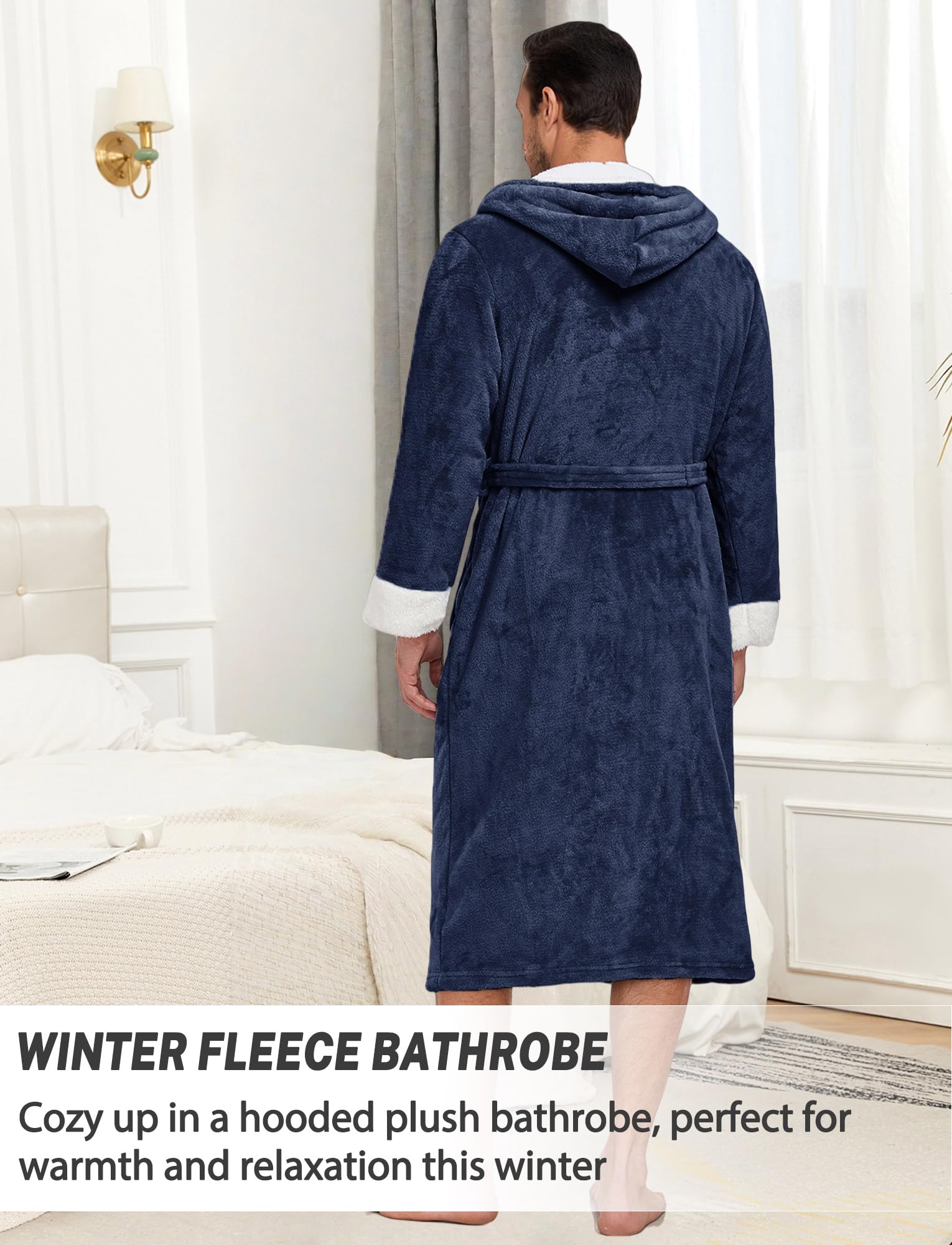 Peignoir de Bain avec Capuche Homme Robe de Nuit Longue Flanelle Épais Chaud Casual Maison Bathrobe