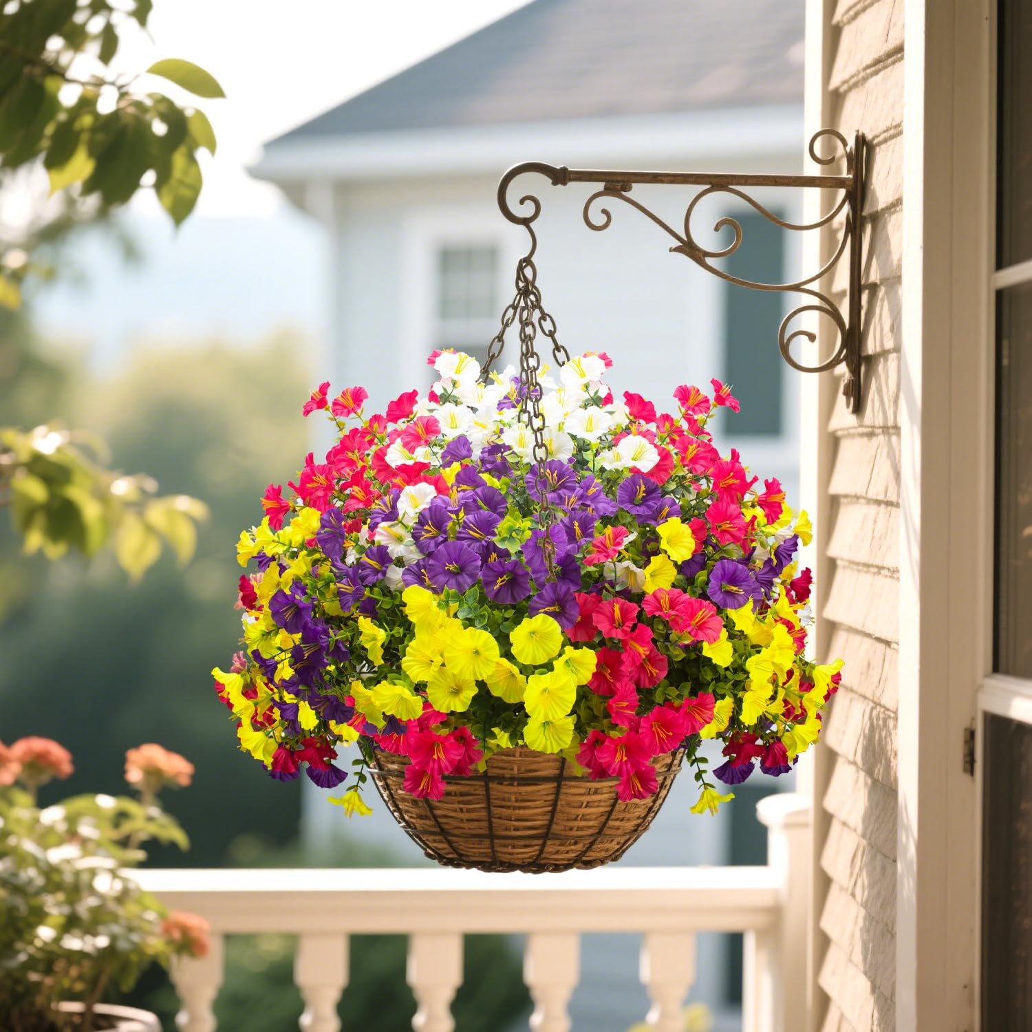 Grunyia 16 Bundles UV Resistant Artificial Morning Glory Flowers - Faux Silk Plastic Fake Flowers with Green Foliage for Outdoor Indoor Porch Patio Planter Yard Garden Home Decor