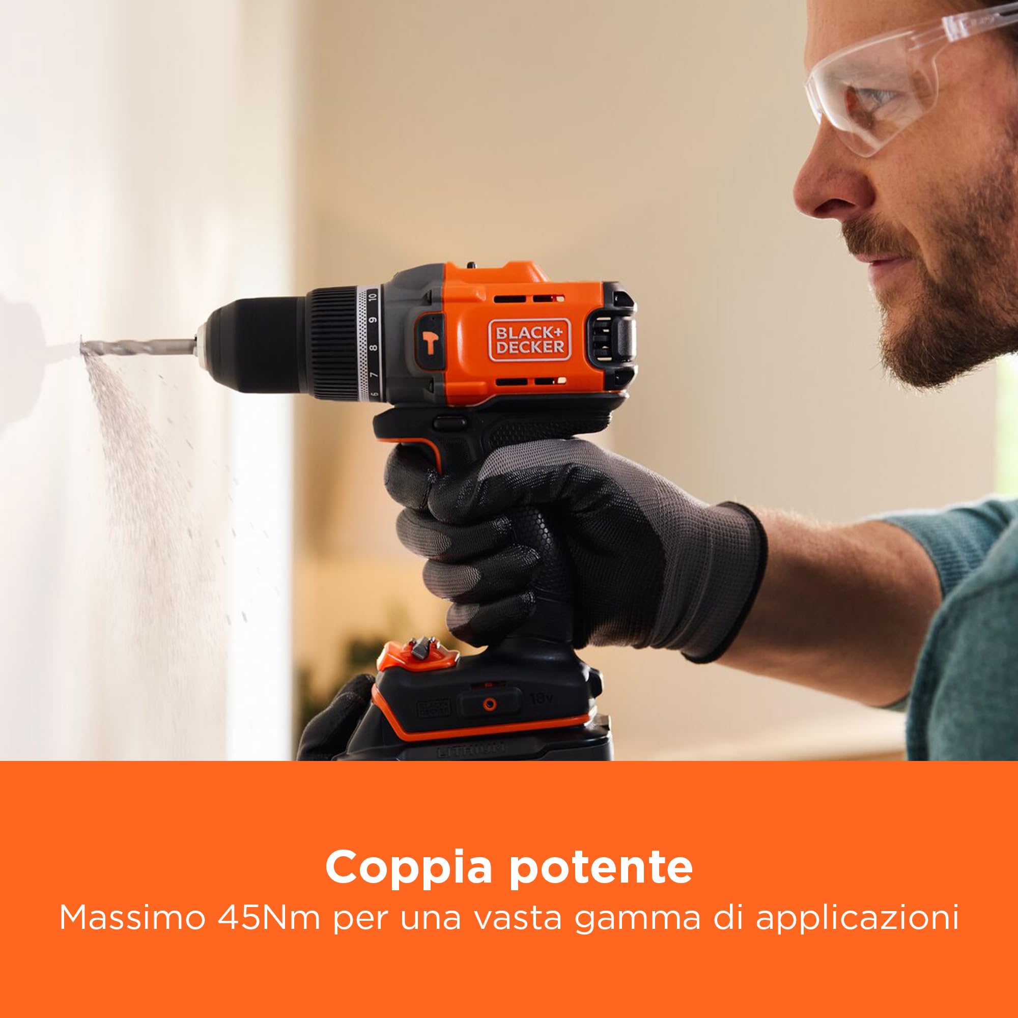 BLACK+DECKER 18V POWERCONNECT Trapano a percussione a batteria, coppia 45Nm, 2 marce, luce LED, mandrino senza chiave, senza batteria o caricatore, BCD383XN-XJ