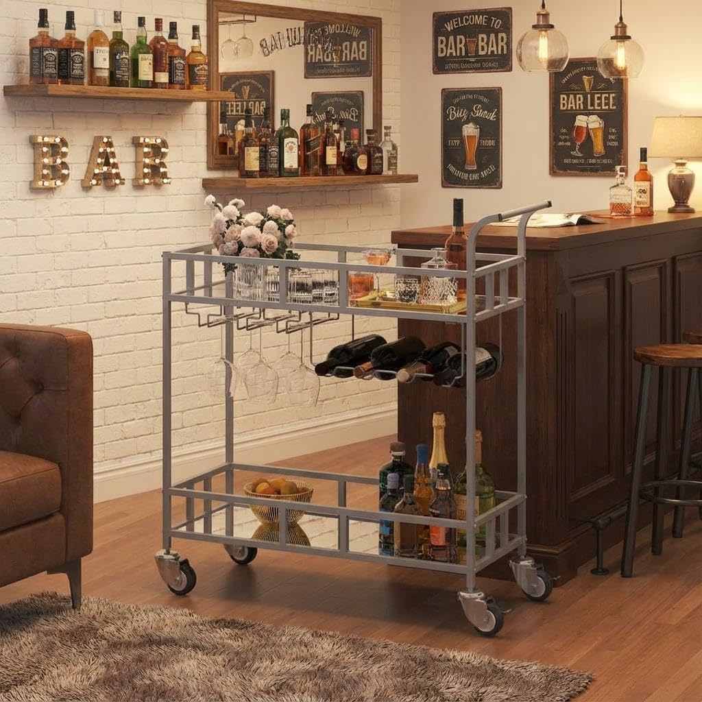 Garvee Carro de Bar rodante de 2 Niveles con estantes espejados – Porta Copas y Botellas – Compacto y portátil para Comedor, Cocina o Sala – Plata+Espejo, 4 Botellas, 3 Filas Copas, 34x15x35