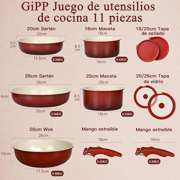 GiPP 11 Piece Frying Pan and Saucepan Set with Non-Stick Ceramic Coating - Saucepan Sets with Detachable Handles, Oven and Dishwasher Safe, Red Gradient - 1
