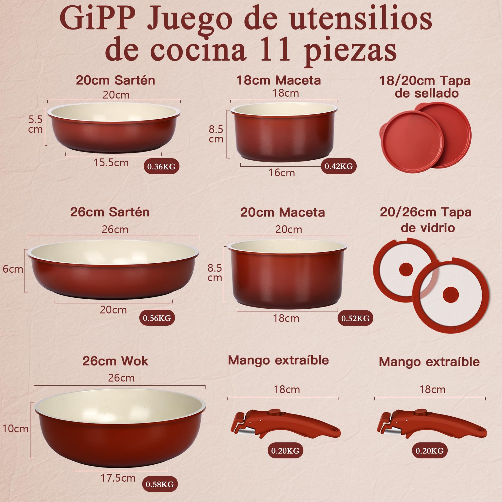 GiPP 11 Piezas Juego de Sartenes y Cacerolas con Revestimiento Cerámico Antiadherente - Juegos De Cacerolas Con Asas Desmontables, Apto Para Hornos y Lavavajillas, Degradado Rojo