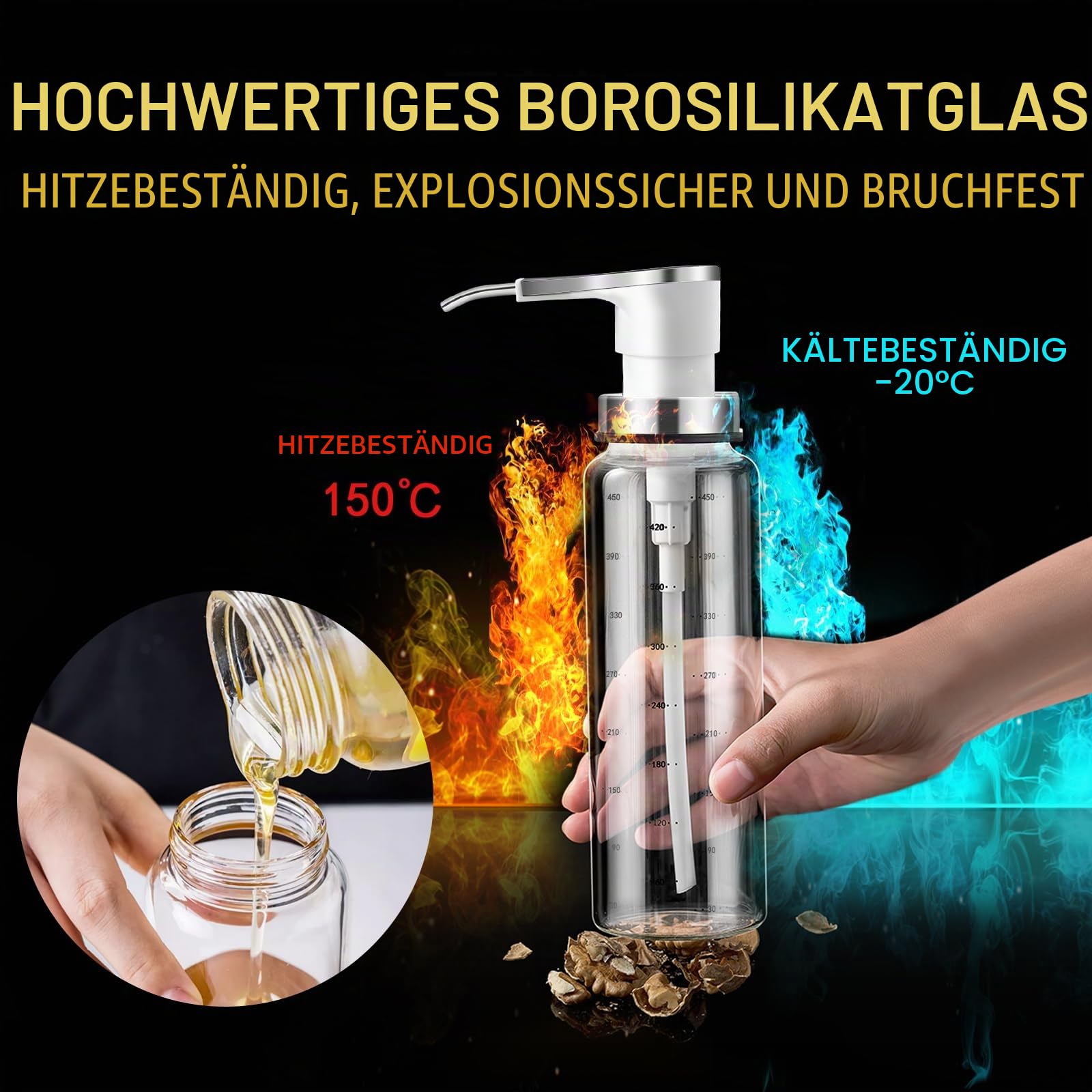Saucenpumpenspender, Kaffeesirupspender, 4 x 500 ml Glasflasche mit Edelstahlpumpen, auslaufsicher, Pumpen in Lebensmittelqualität für Honig, Sirup, Öl, Gewürze, Salatdressings (4X)