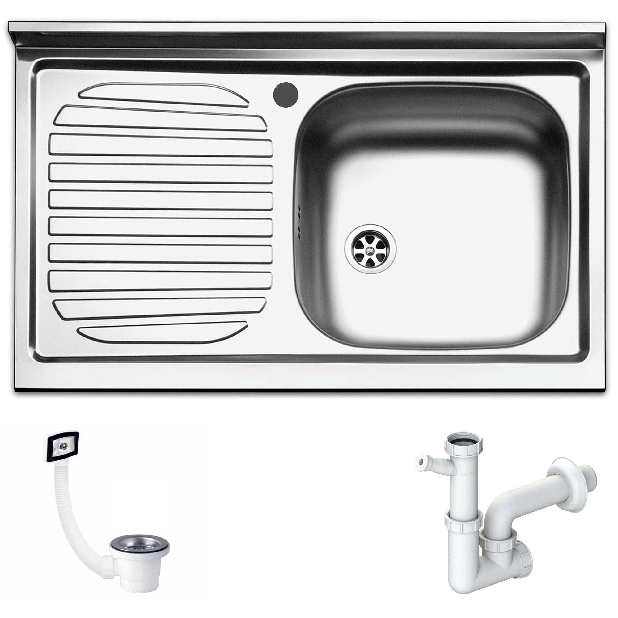 FHUILLER Lavello da Appoggio NO DA INCASSO Inox 80x50 PI801LPC 1 Vasca Destra con Gocciolatoio Sinistra, Acciaio Inossidabile AISI 304 18/10, Monostampo, con Pilette, Sifone, Foro Rubinetto Ø 3,5 cm
