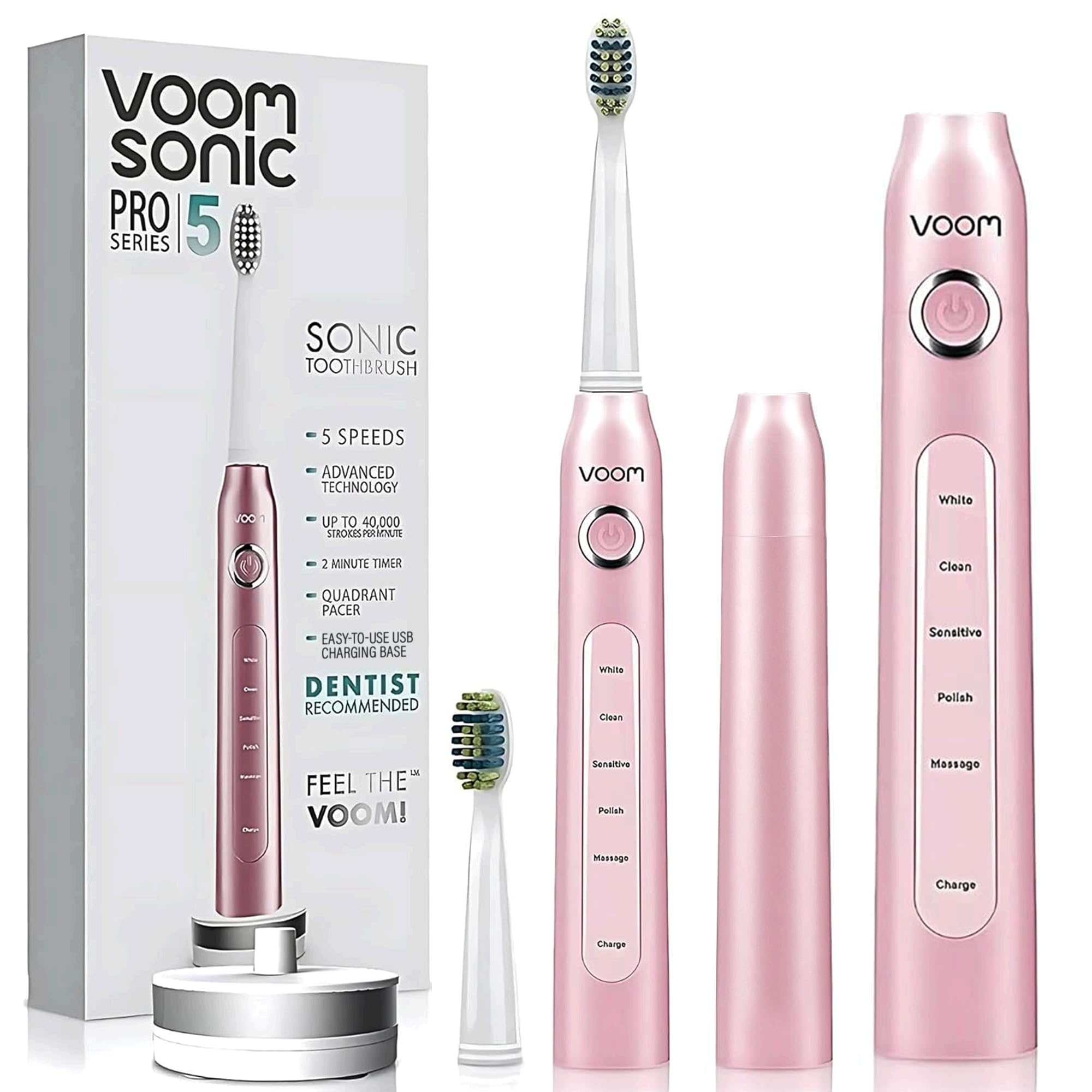 Voom Sonic Cepillo de dientes electrónico recargable Pro 5 Series | Recomendado por dentistas | Cuidado bucal avanzado | Temporizador de 2 minutos con ritmo cuadrante | 5 velocidades ajustables |