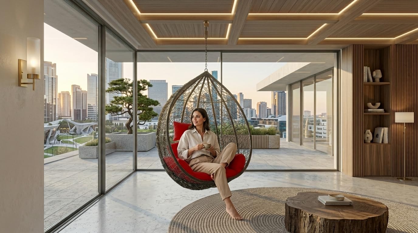 Universal Furniture Rattan Hanging Swing Chair for Balcony for Garden Patio Single Seater Light Brown Swing Chair - Outdoor Furniture Ceiling Swing Chair with Connectors-image-30