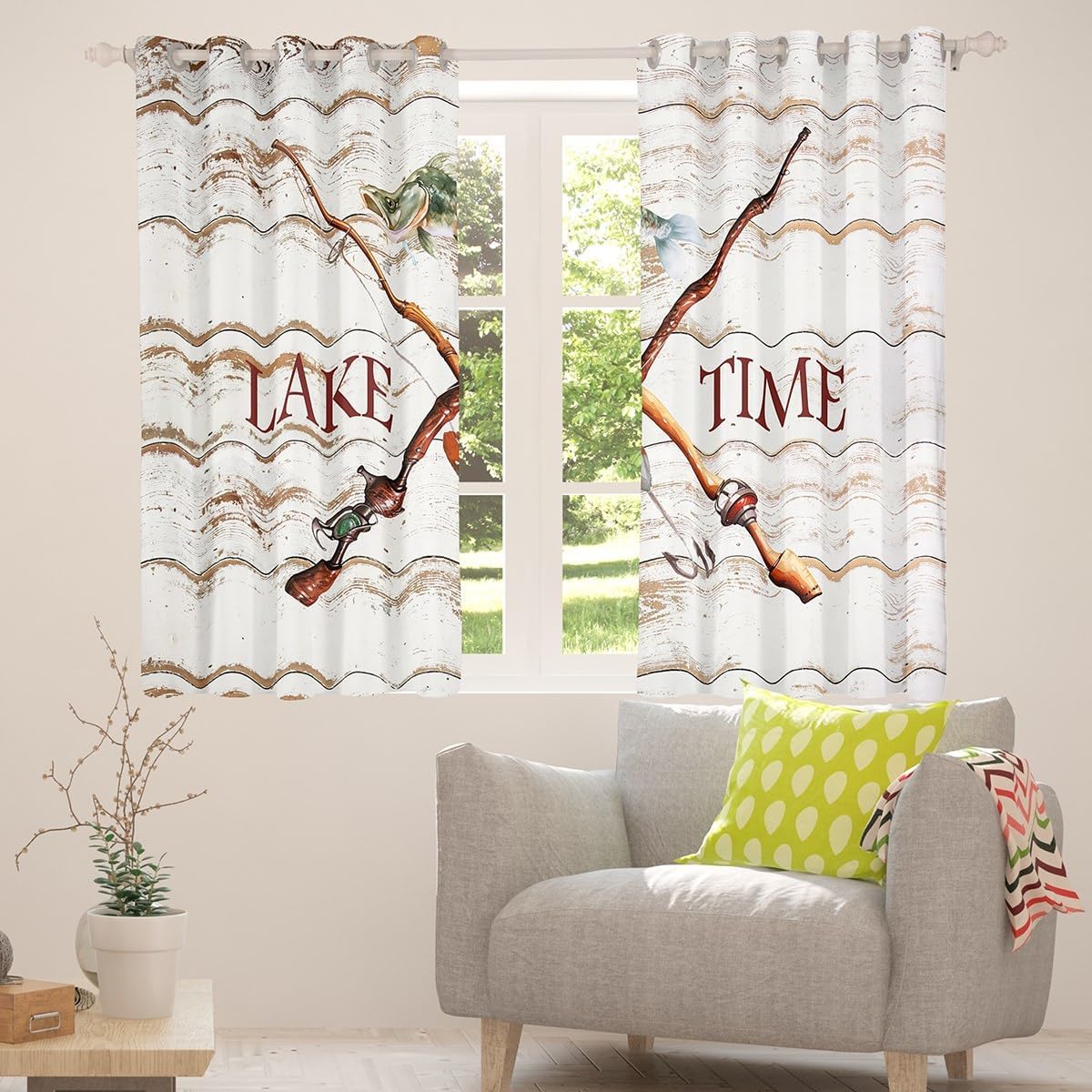 Fishing Rod Blackout Curtains 2 Panels 38"Wx45"L Lodge Cabin Creamy White Wood Curtains & Drapes Lake Life Decor,Go Fishing Hook Gift for Fisherman Ocean Decor,Pike Fish Fishhook Lake House Decor