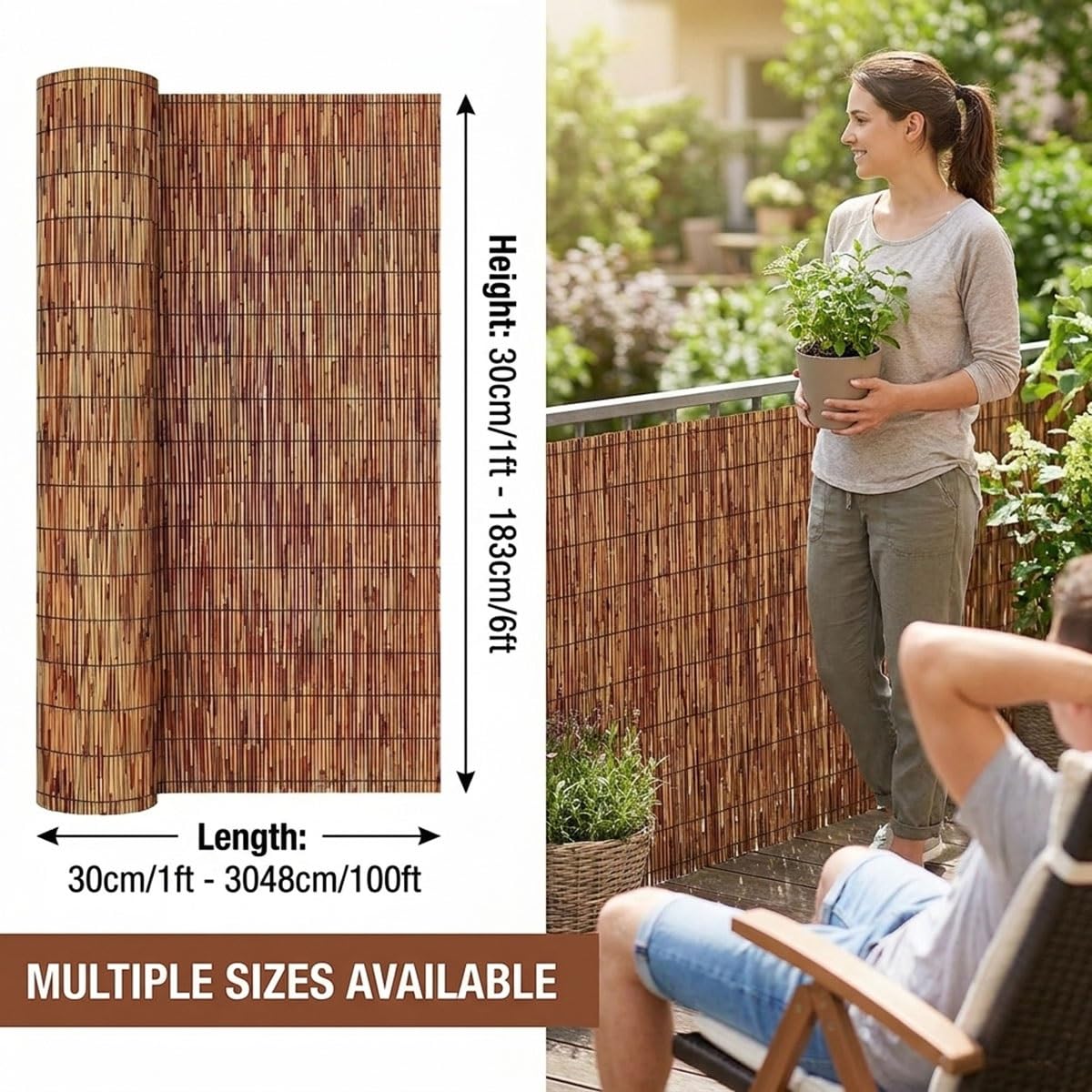 Arella in Bambù Naturale per Frangivista Balcone Terrazzo, Stuoia in Bambù Esterno Frangivento Ombreggiante 85% Anti-UV per Giardino Copertura Privacy Piscina, Marrone(122x610cm(4x20ft))