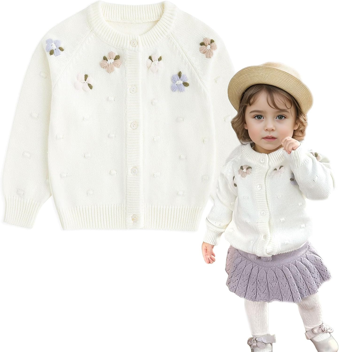 Simplee kids Baby Girl Knit Cardigan Sweater Cream Cotton Autumn Coat