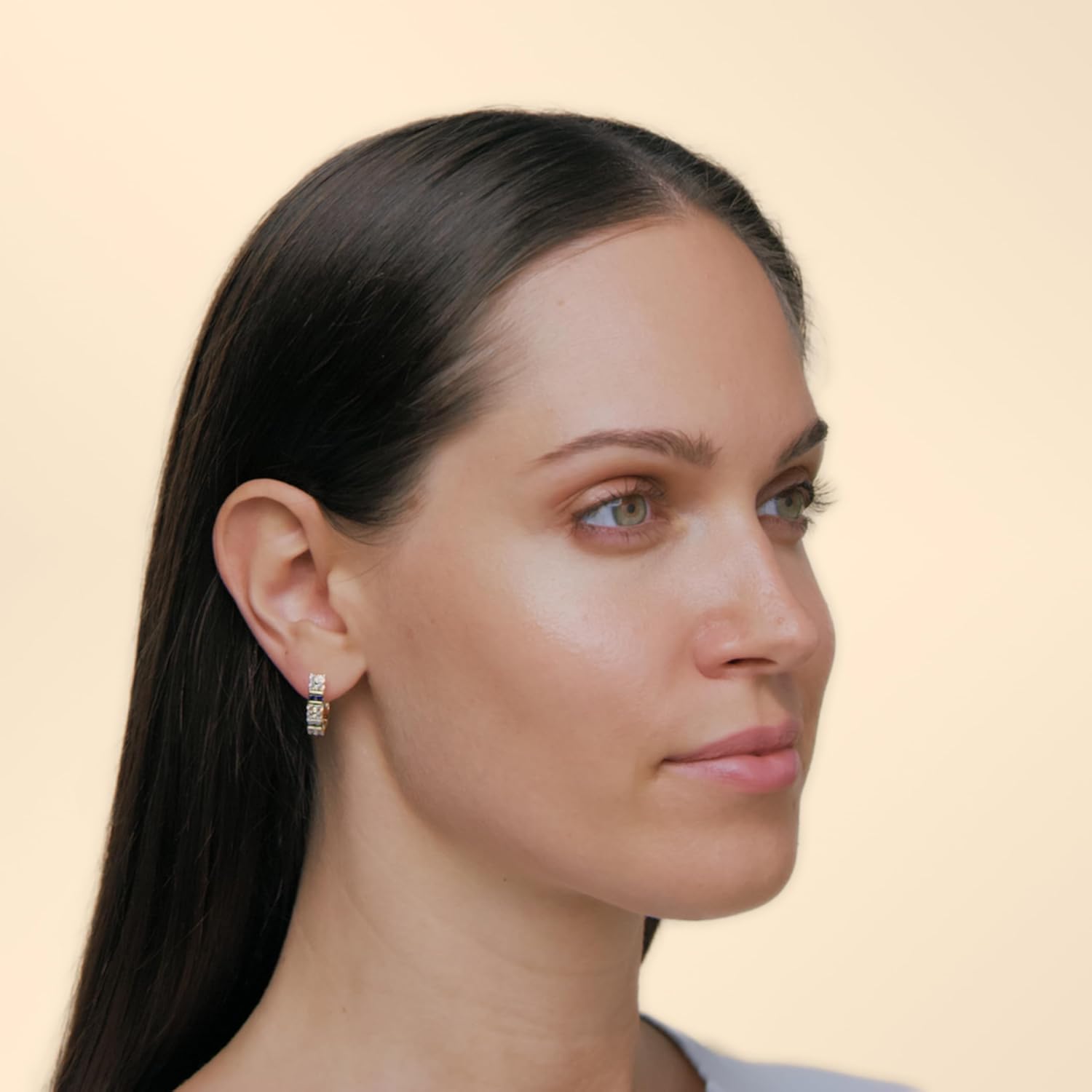 MORGAN & PAIGE .925 Sterling Silver 18K Yellow Gold Plated Square-Cut Created Blue and White Sapphire Hinged Hoop Earrings for Women Trendy - Elegant Gemstone Hoop Earrings, 3/4" Design