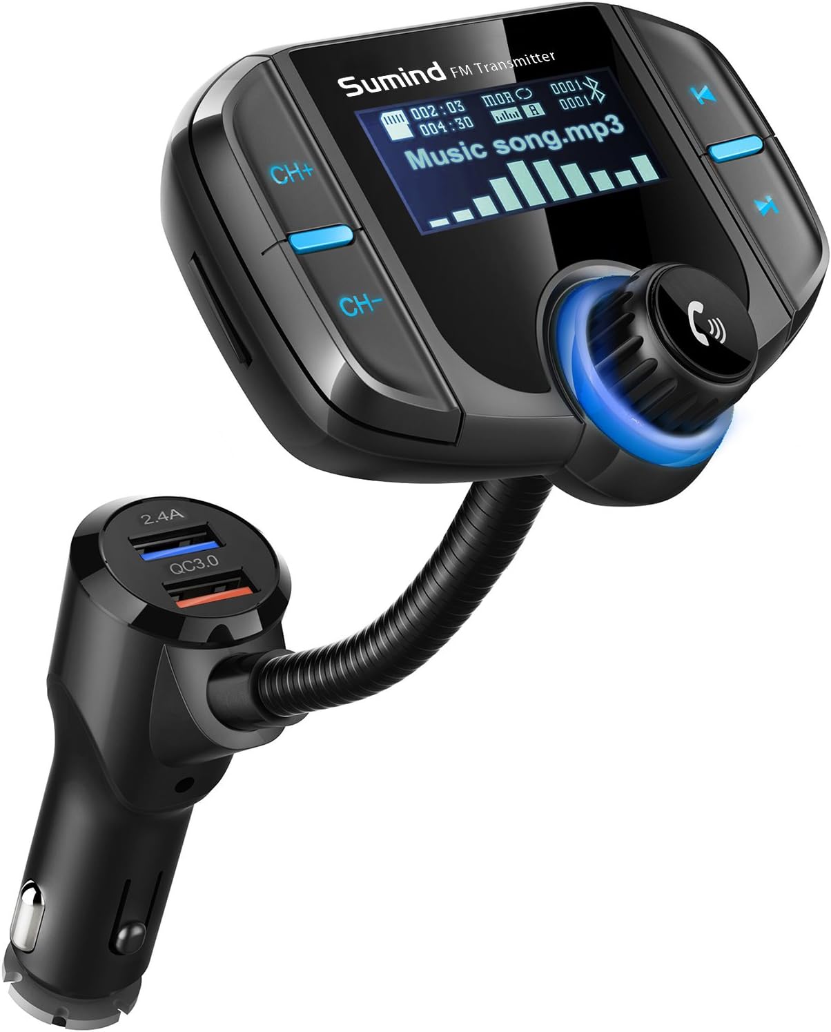Sumind 2026 Upgraded Wireless Bluetooth Car Adapter FM Transmitter, 1.7'' LCD Display, Flexible Gooseneck, 20W QC3.0&Dual USB Ports, AUX Input/Output for Hands-Free Call, Micro /TF Card(Black,Normal)