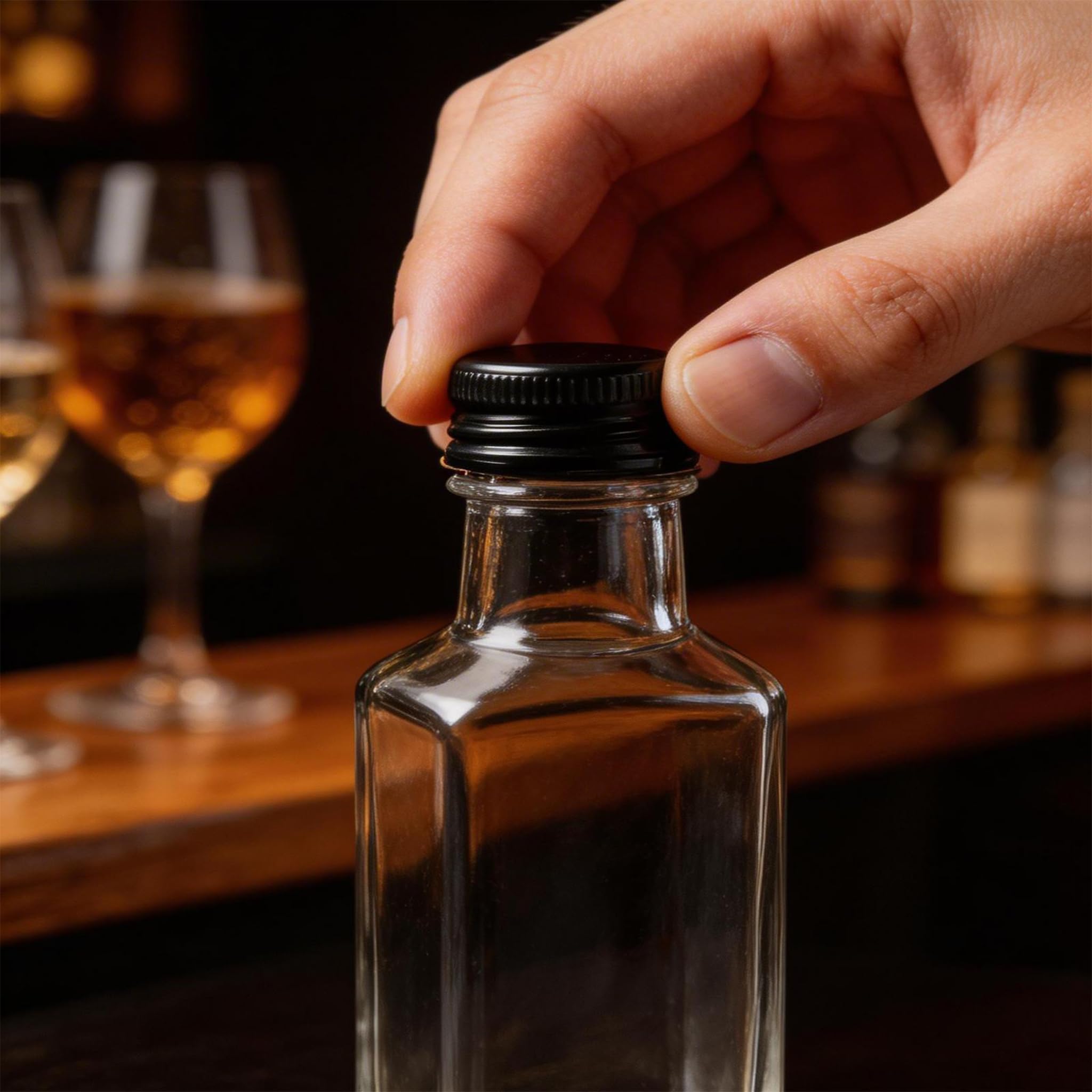 12 Pezzi Piccole Bottiglie da 50ml per riempire, Mini Bottiglie di Liquore con Coperchio e Imbuto Neri, Bottiglie Riutilizzabili per Festa di Nozze (Quadrata)