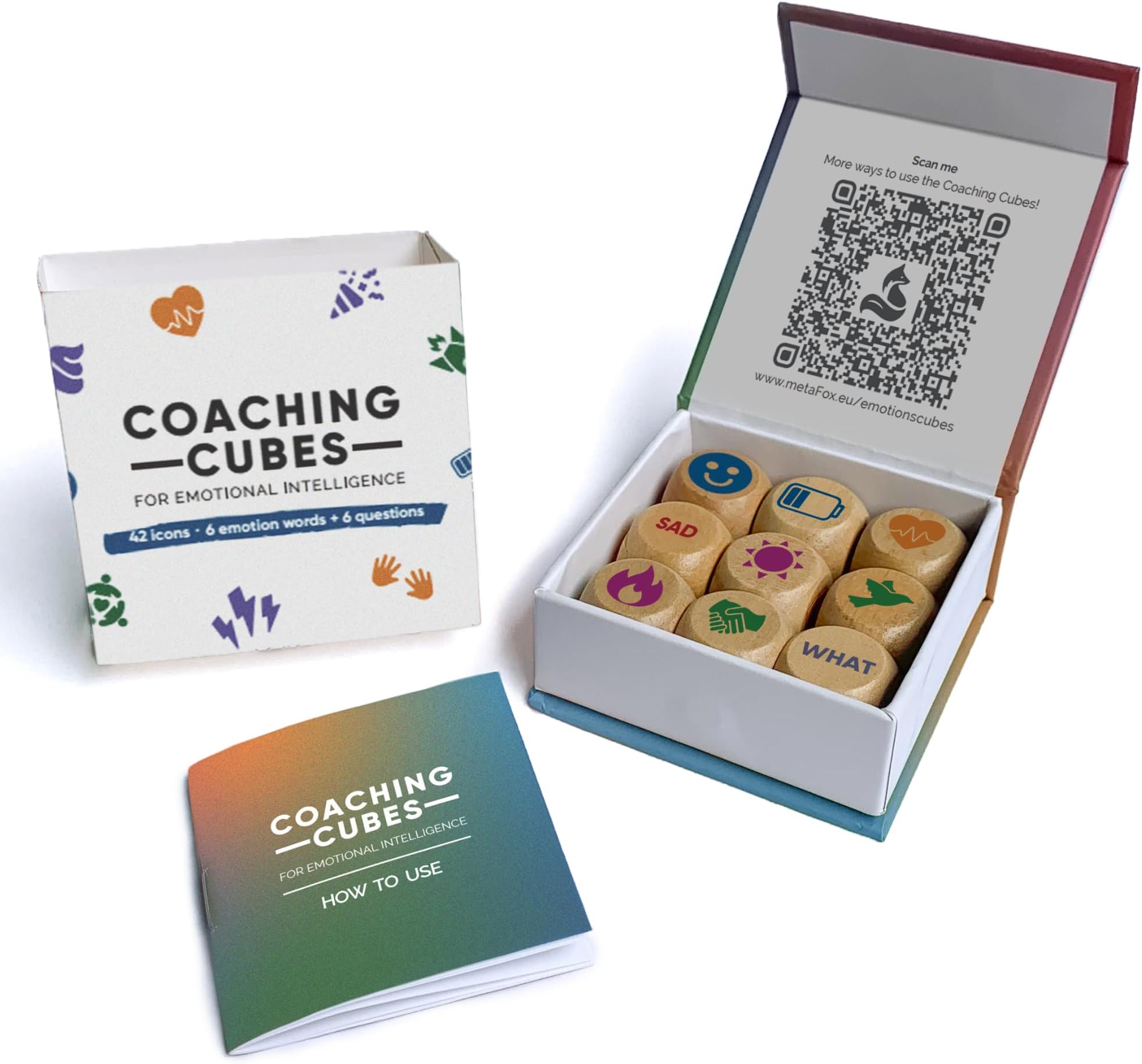 metaFox Coaching Cubes for Emotional Intelligence - 9 Cubes with Coaching Questions for Emotion, Personal Development - Use as Therapy Tools, Story Cubes, Conversation Cubes, Therapy Games