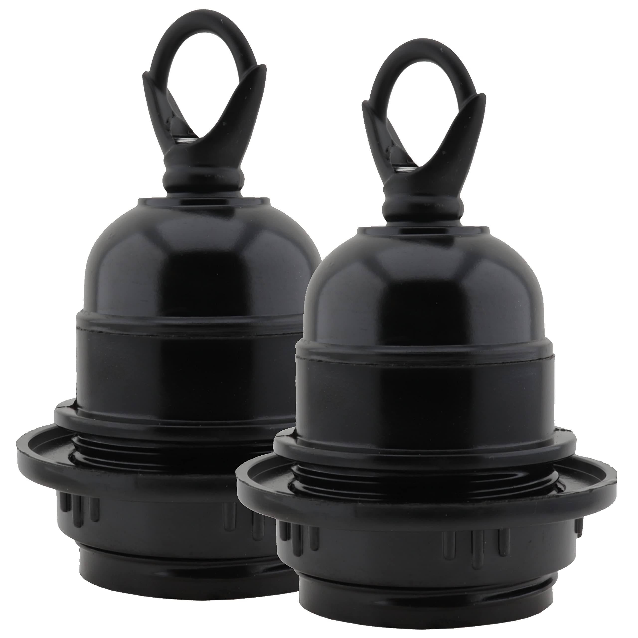 Art Deco Emporium Twin Pack E27 Lampholder in Black Bakelite with Shade Ring and Deco Styled Chain Closed Loop for Hanging Light Fittings, Black Ceiling Light Fitting or Pendant Light Fitting