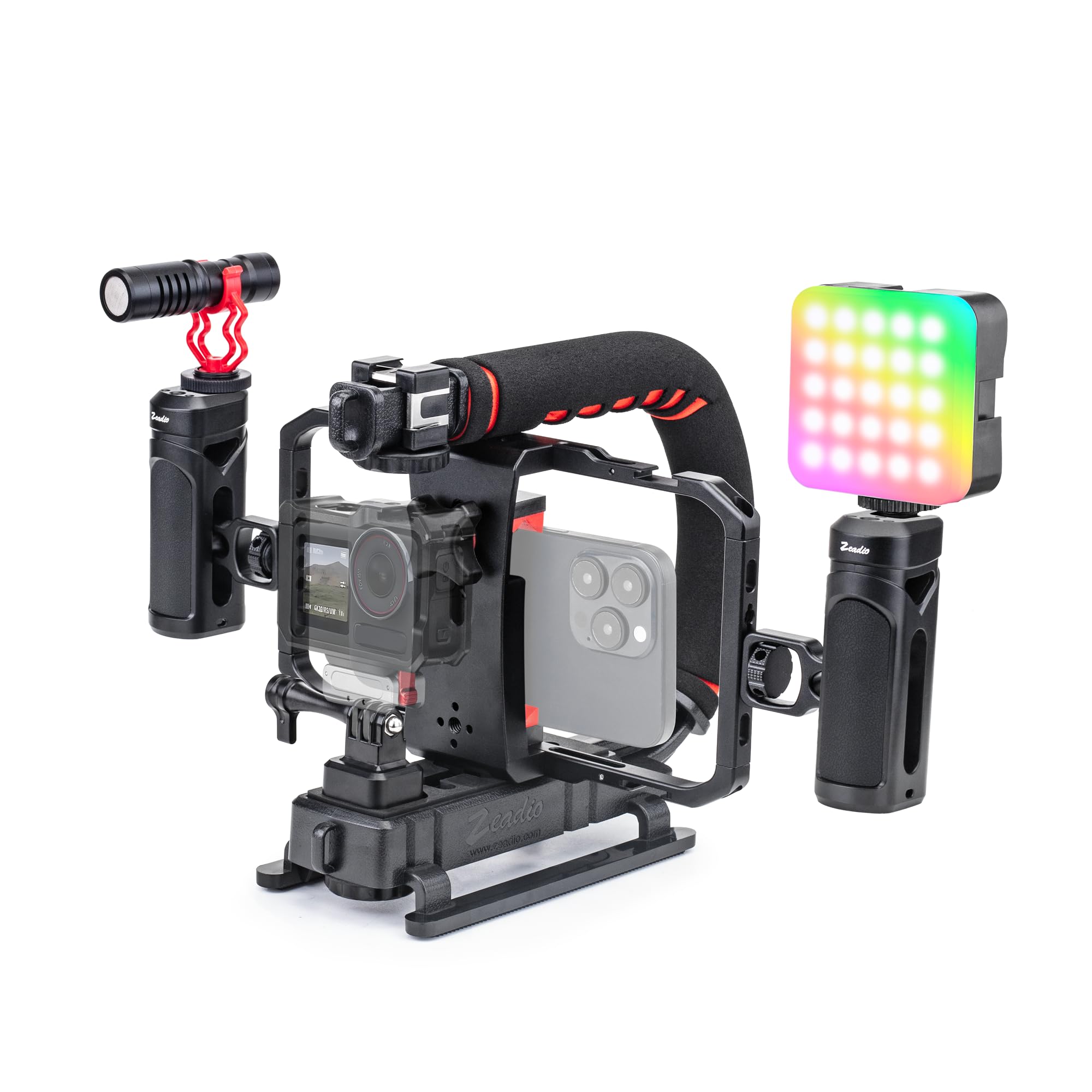 Zeadio Kit stabilizzatore per fotocamera per smartphone, portatile con supporto video portatile con gabbia in alluminio Smarphone, luce video RGB e microfono per tutte le fotocamere DSLR, ecc