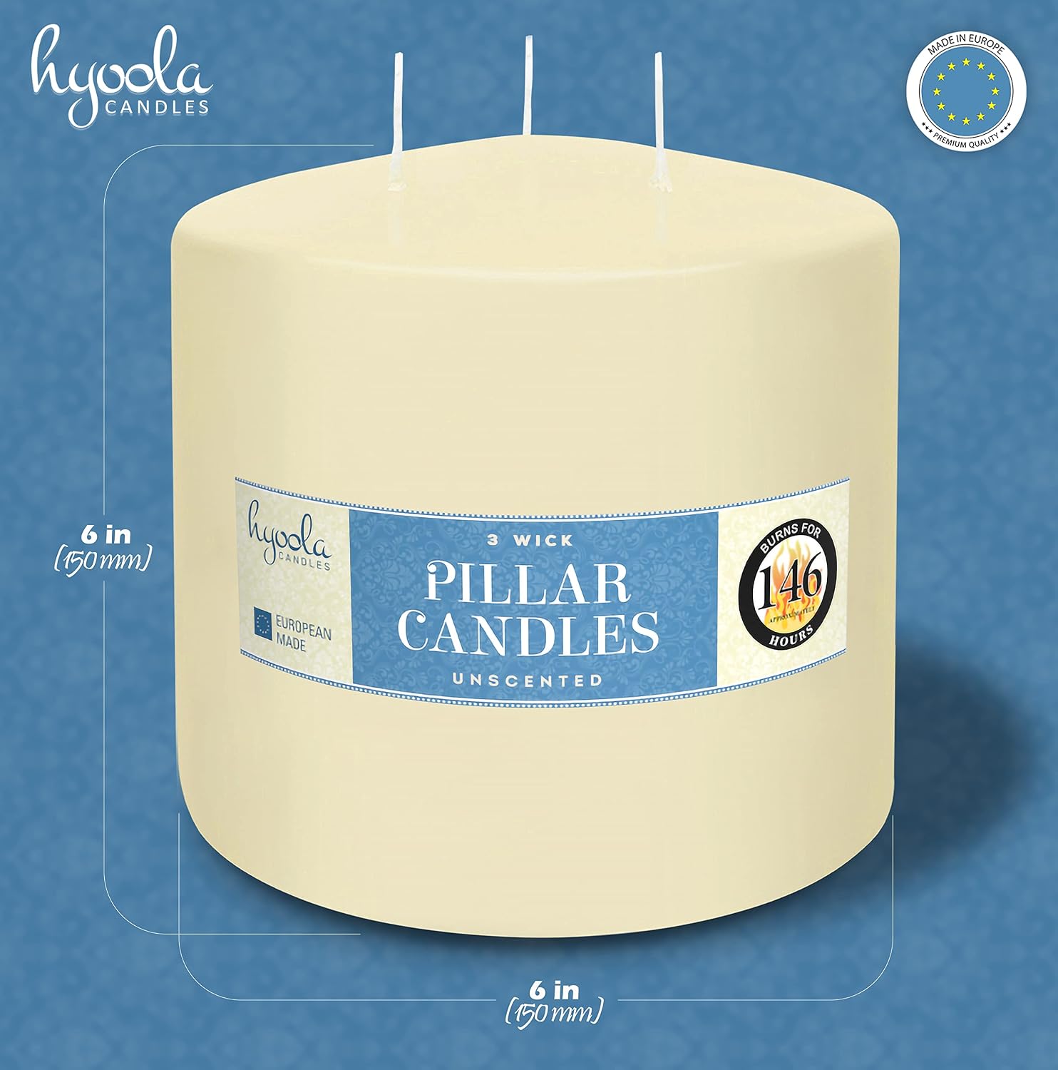 HYOOLA Ivory Three Wick Large Candle - 6 x 6 Inch - Unscented Big Pillar Candles - 146 Hour - European Made