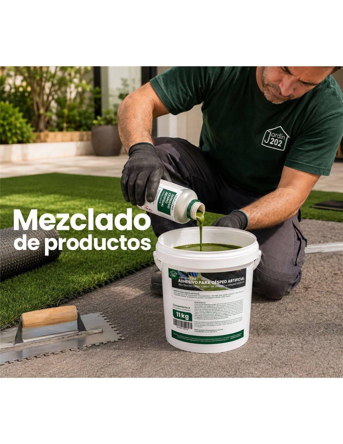 JARDIN202 - Adhesivo para Césped Artificial y Caucho | Alta Fijación Bicomponente | 5.5Kg y 11Kg | Pegamento Exterior e Interior | 11 Kg