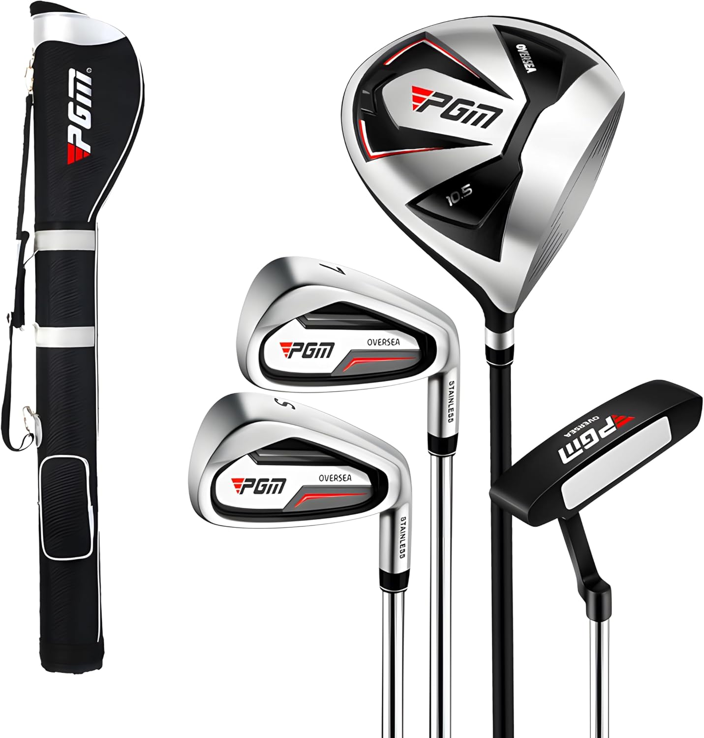 PGM Beginner Golf Clubs Sets OVERSEA for Men 5 Piece Includes Golf Driver, 7 Iron, Sand Wedge, Putter and Lightweight Carry Sunday Club Golf Stand Bag Right Handed