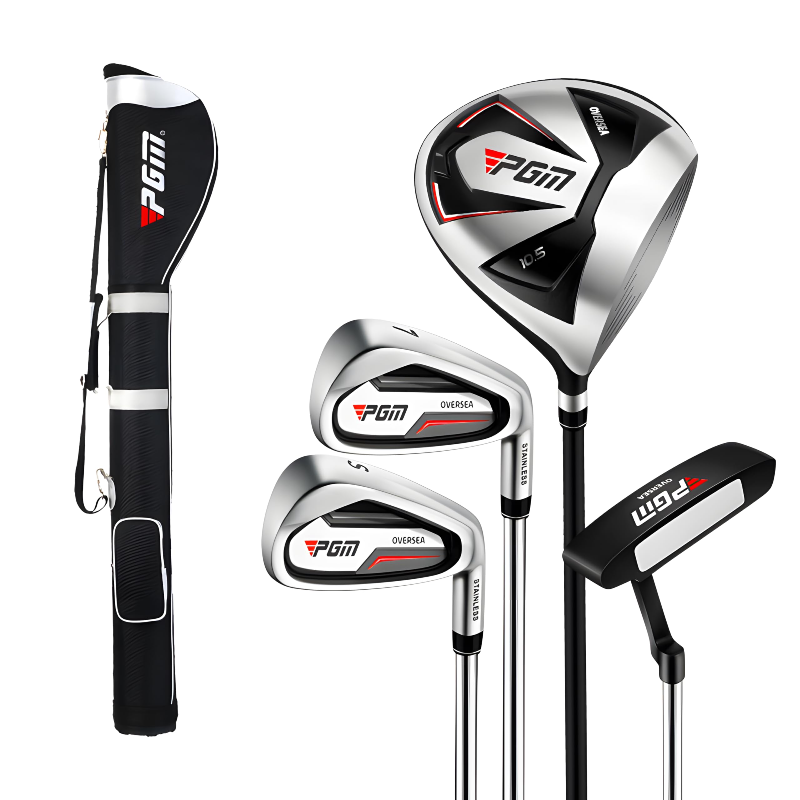 PGM Beginner Golf Clubs Sets OVERSEA for Men 5 Piece Includes Golf Driver, 7 Iron, Sand Wedge, Putter and Lightweight Carry Sunday Club Golf Stand Bag