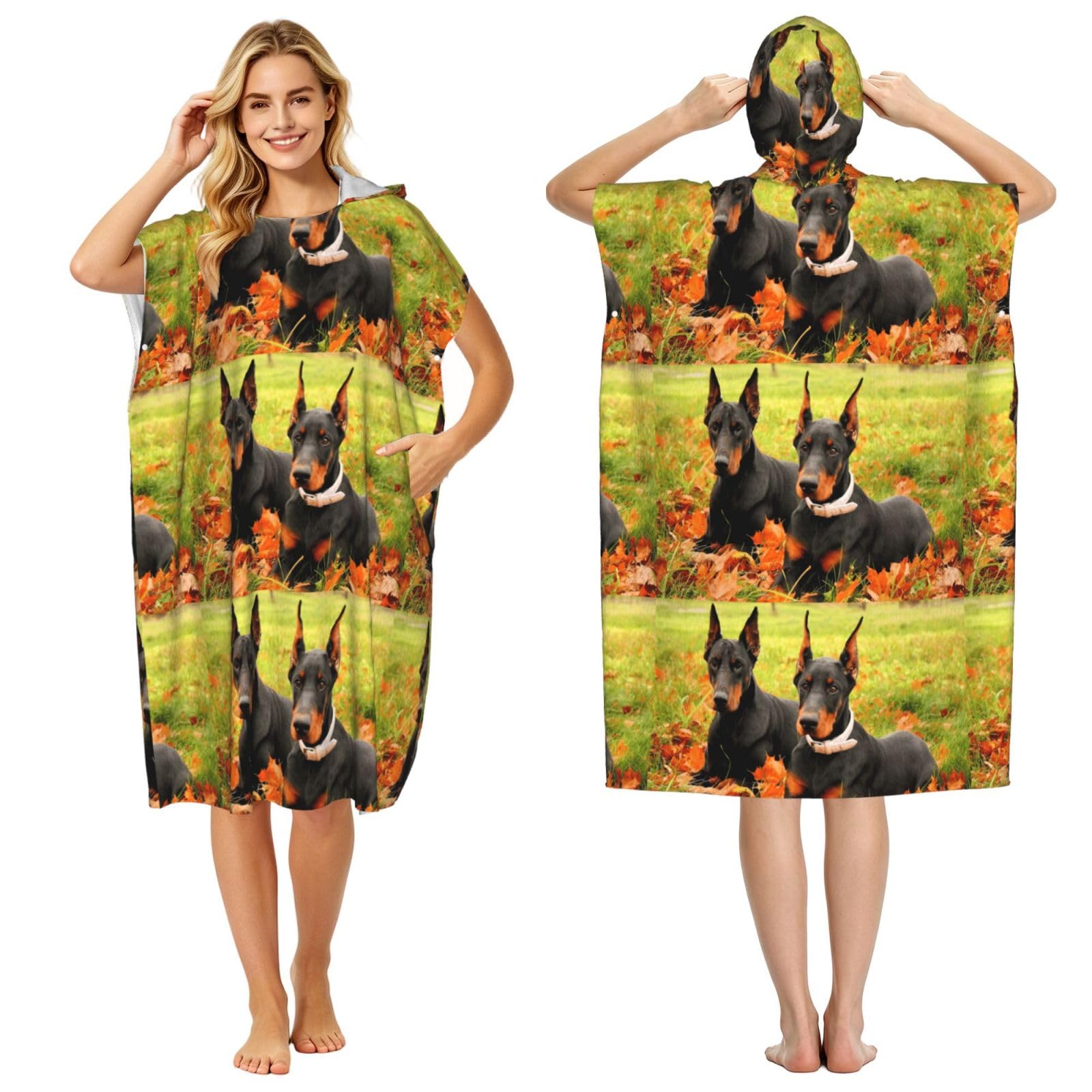 Poadnly Beautiful Autumn Doberman, Adult Hooded Beach Towel 90 x 110 cm,Changing Bath Robe, Surf Poncho Towel For Women Men
