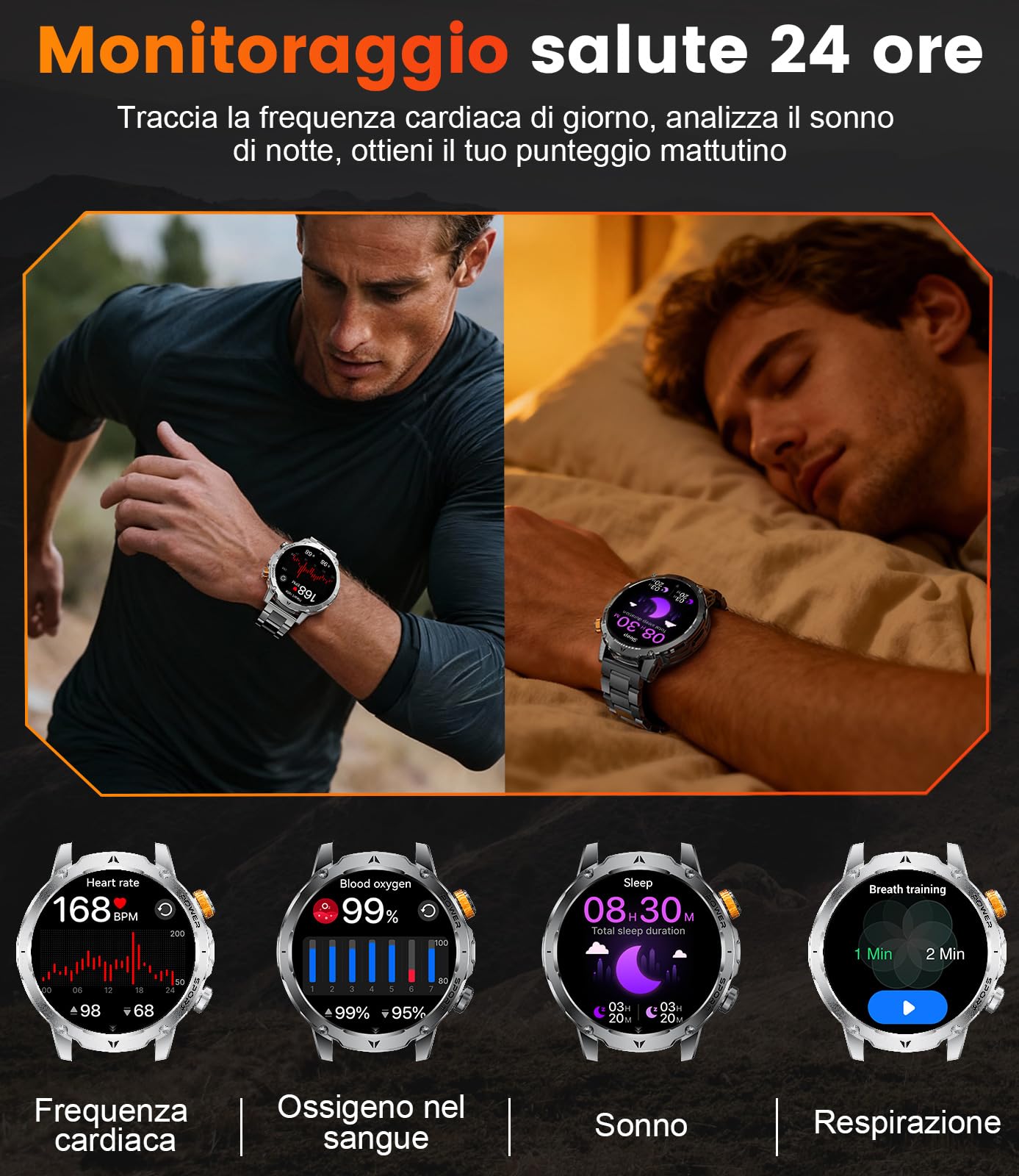 1000 mAh Smartwatch Uomo,1.7" Smart Watch Militare con 110+ Modalità Sportive,IP68 Impermeabile,Chiamata Bluetooth,Frequenza Cardiaca, Android iOS,3 Braccialetti,2 Caricabatterie