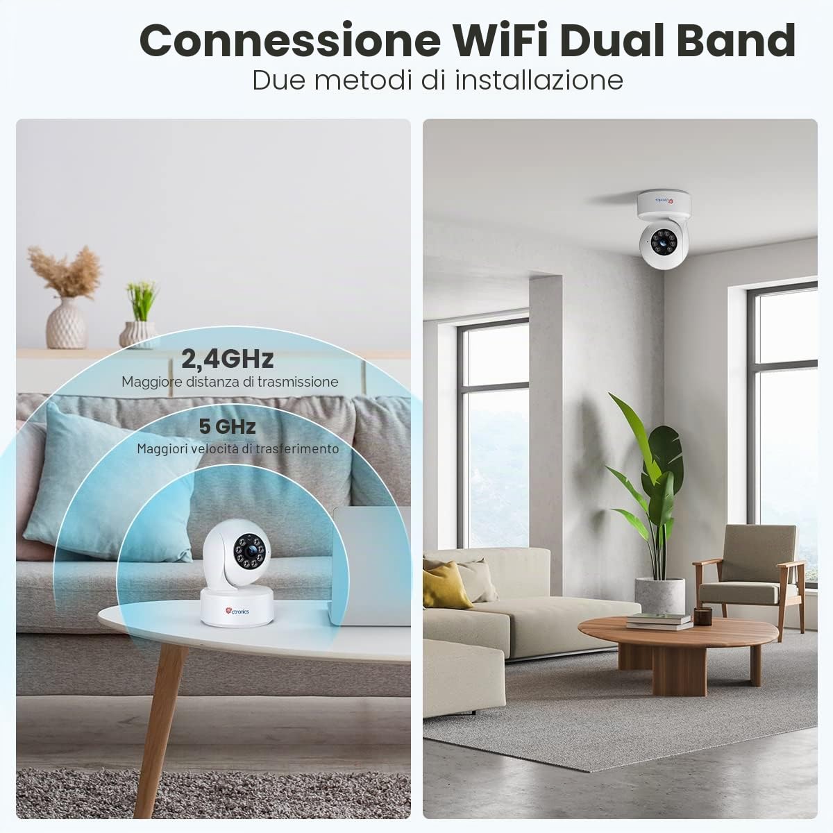 Ctronics 4MP Telecamera WiFi Interno, 2,4/5GHz WiFi/Bluetooth Videocamera Sorveglianza, Visione Notturna a Colori, PTZ 355°/ 120°, AI Movimento& Umano Rilevamento,Tracciamento Automatic | 2,4/5GHz WiFi，Visione Notturna a Colori, PTZ 355°/ 120°, AI Movimen