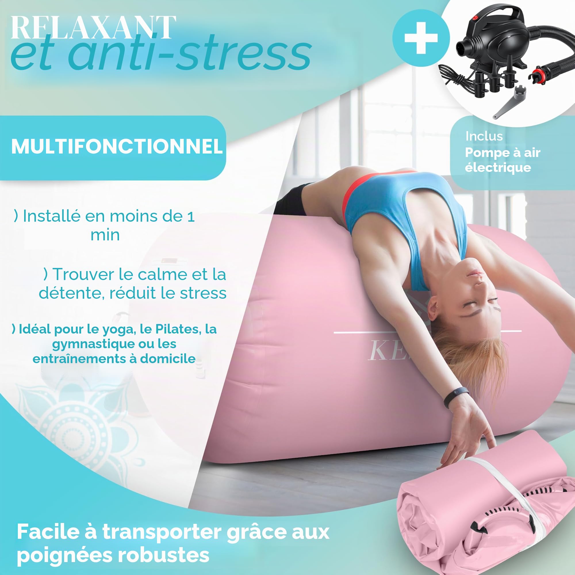 KESSER® Air Roll Airtrack Rouleau de gymnastique gonflable | Avec sac de transport & pompe à air électrique | Barrel Gymnastique Tumbling | Rouleau de yoga, tapis de gymnastique, rouleau de fitness