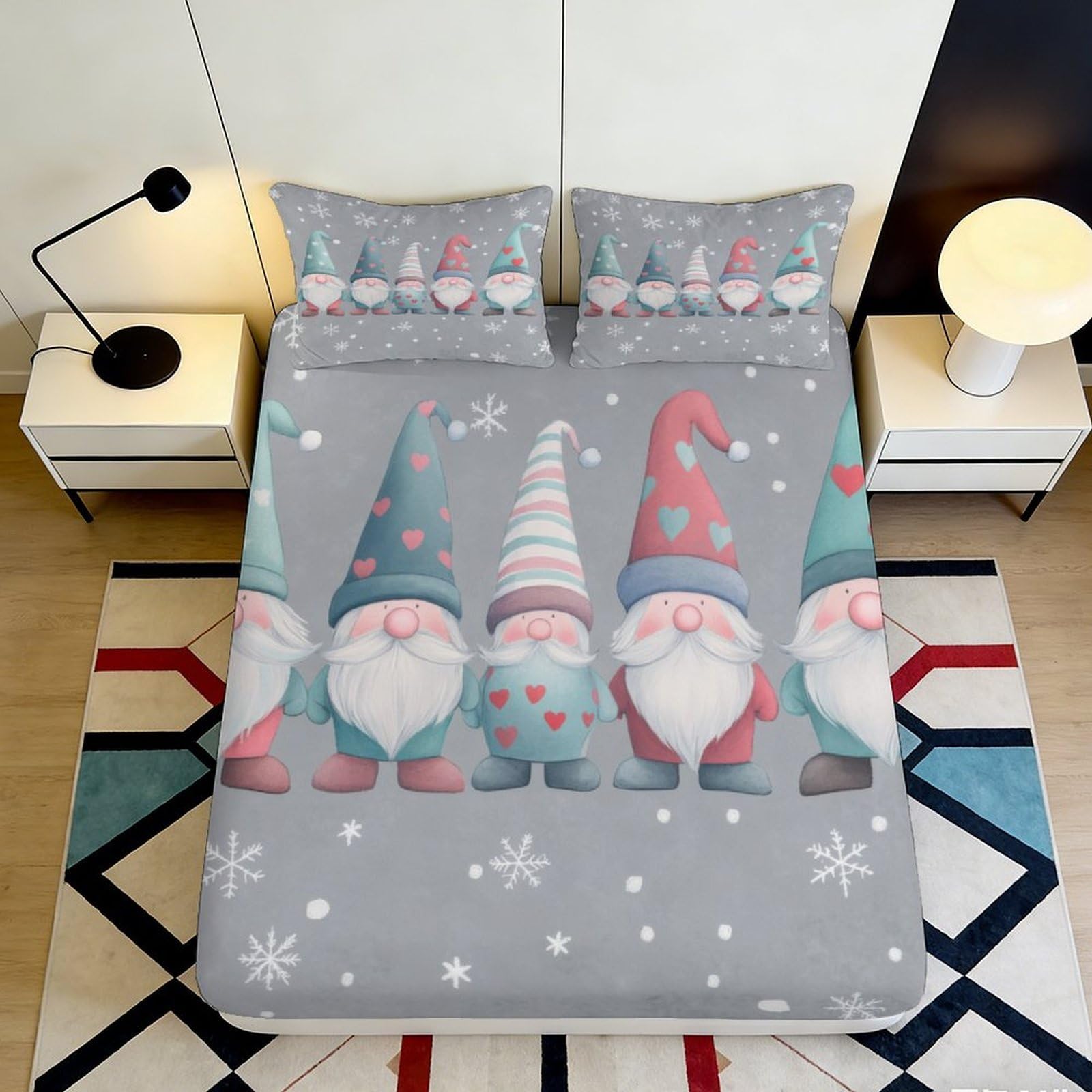 3D Printed Nordic Gnome Fitted Sheet Microfiber Soft Grey Christmas Snowflake Mattress Cover for Bedroom Dorm Decor 90x200x25cm