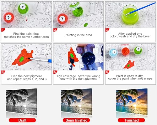 Miniatura 5 de TISHIRON Pintura por números para adultos, niños, playa y adultos, pintura por números, pintura de paisajes de playa azul, manualidades, kits de