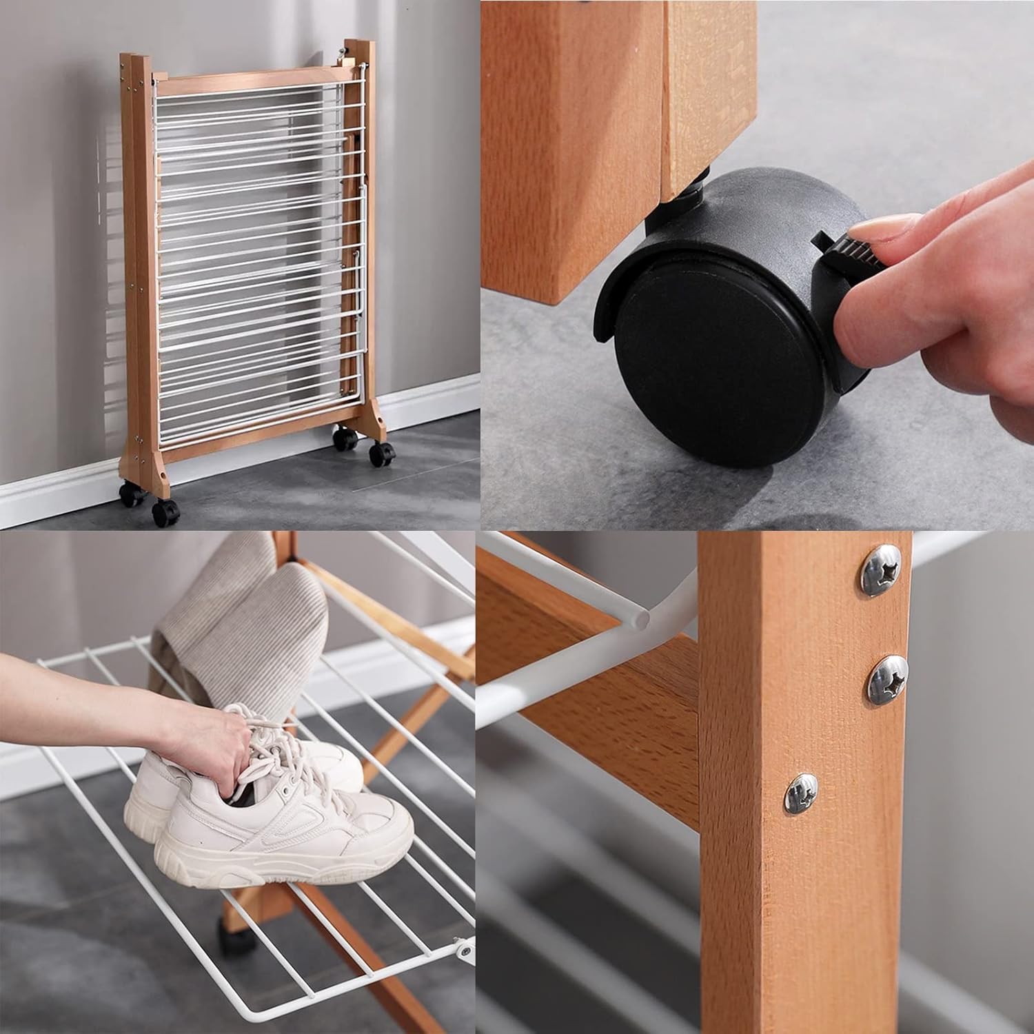 Portable 2-Tier Clothes Drying Rack - Foldable Solid Wood Garment Airer with Casters, Space-Saving Laundry Rack for Indoor/Outdoor Use, Adjustable & Collapsible Design