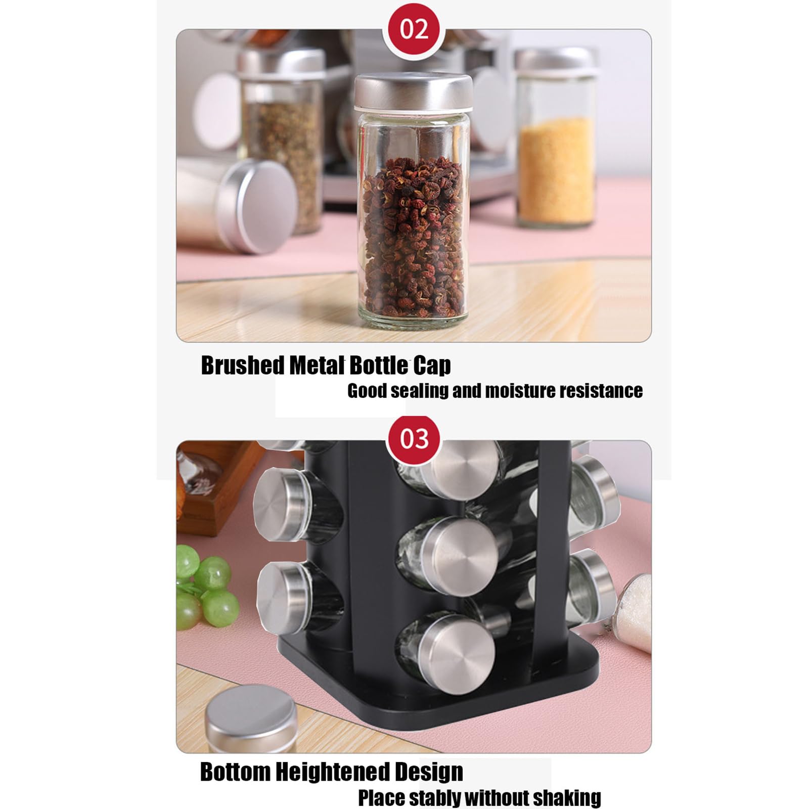 Estante de especias giratorio con 16 tarros de especias, organizador de torres de especias de cocina para mostrador o gabinete, gadgets de cocina (Black, SquareHead_16Jars)