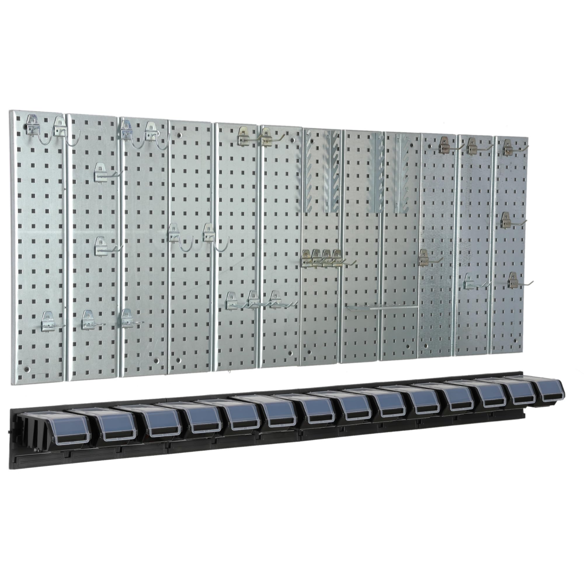 Panel de herramientas de metal 156 x 72 cm, sistema de almacenamiento con portaherramientas, ganchos para herramientas y 14 cajas apilables, 100 x 150 x 70 mm, color: negro, tablero perforado, taller,