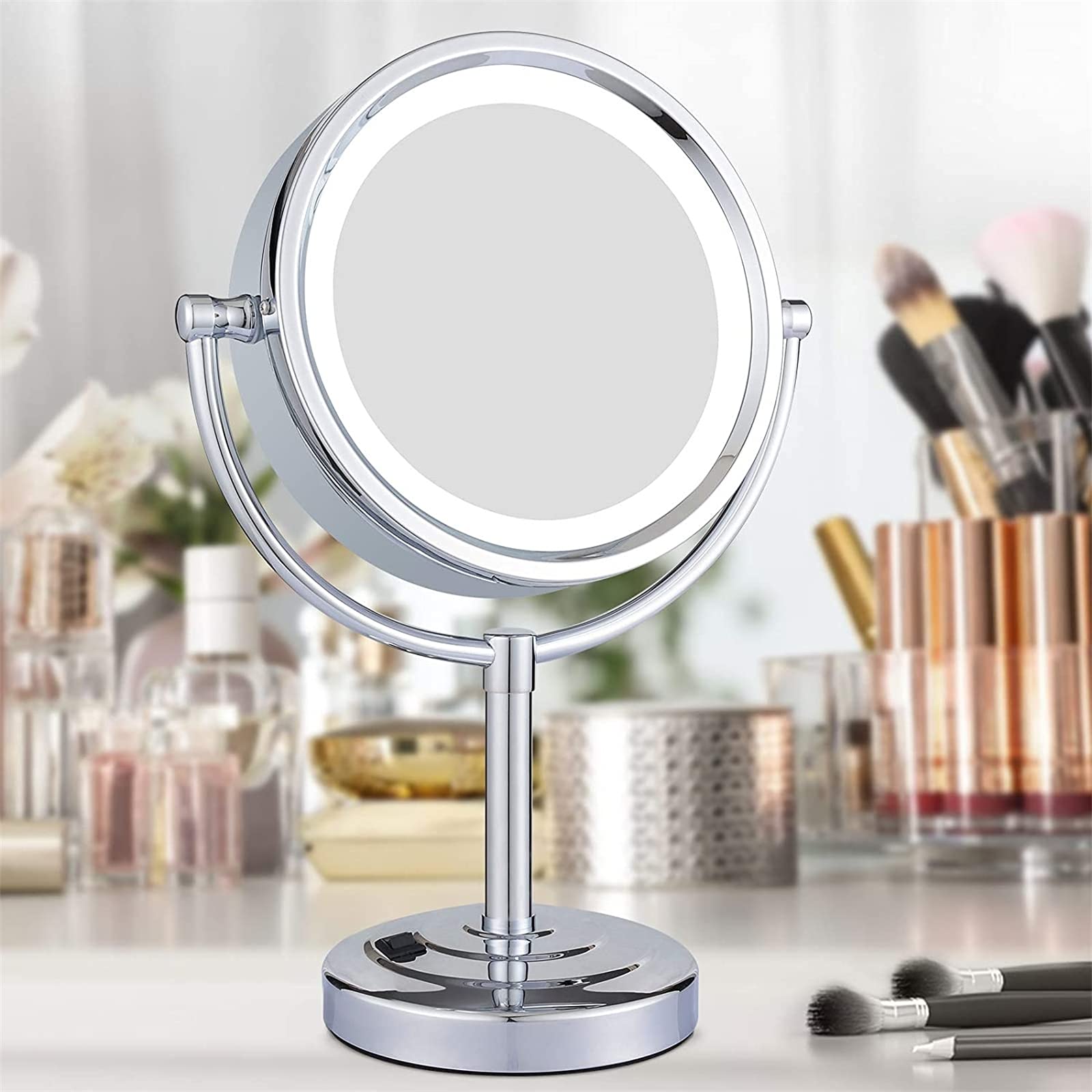 Stojące podświetlane lusterka do makijażu, 20 cm, chromowane, obrotowe, 360°, dwustronne lustro powiększające LED, do łazienki, 5 x