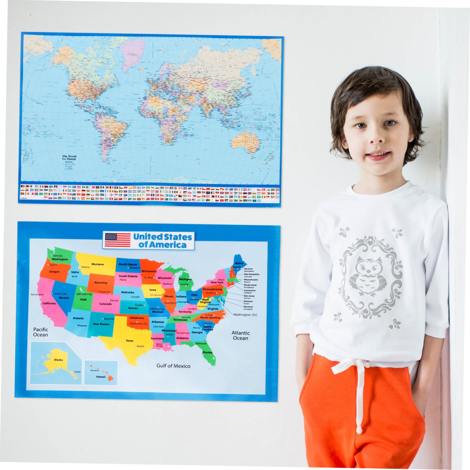 Veemoon Poster Educativo Mappa Del Mondo e Stati Uniti 40x60 Cm Set 2 Pezzi