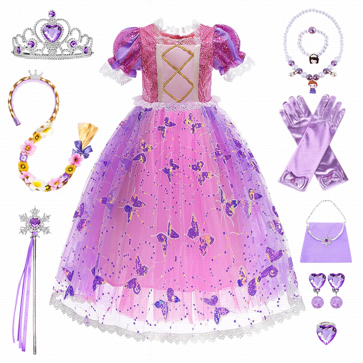 Prinzessin Kleid Mädchen, Lila Prinzessinnenkleid mit Krone und Halskette, Faschingskostüme Kinder, Prinzessin Kostüm Kinder für Karneval Halloween, Cosplay und Geburtstagsfeier