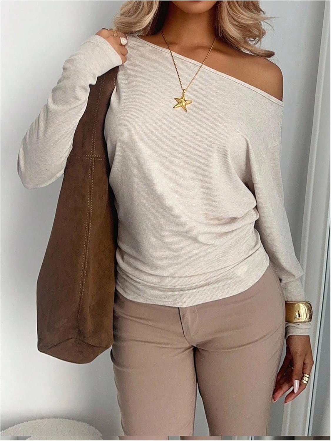 SHENHE Women's Off The Shoulder Long Sleeve T Shirt Ruched Top Fall Comfy Soft Knit Tee - Image 7