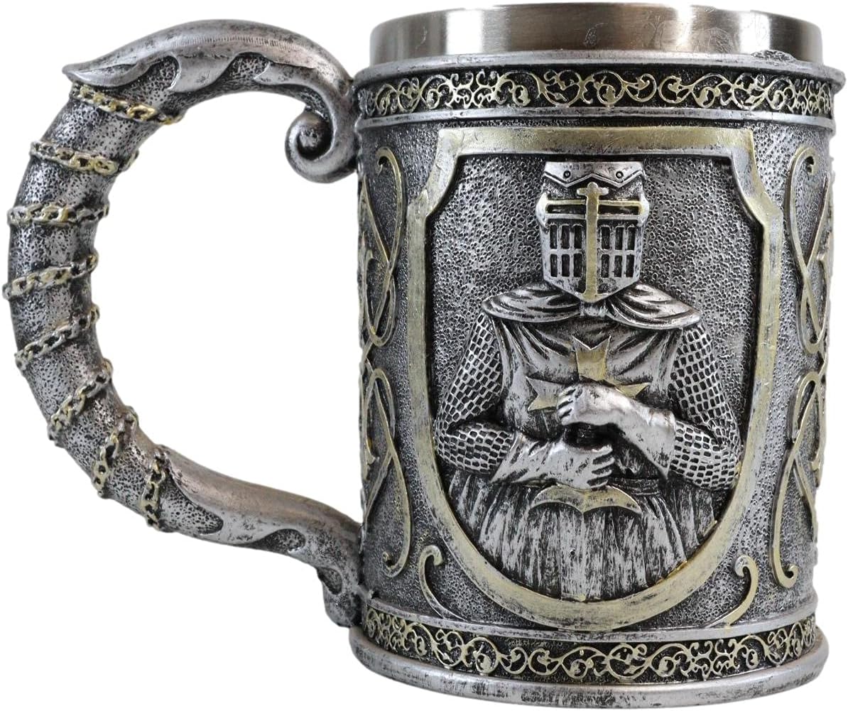 Ebros Scroll Patterned Coat Of Arms Medieval Templar Crusader Knight Large Tankard Mug 20oz Suit of Armor Knights Of The Cross Heraldry Beer Stein Tankards Coffee Cups